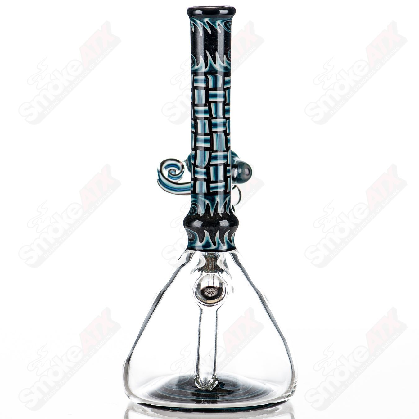 Blue patchwork mini beaker set by Dale Sommers Glass, colorful heady glass with intricate patchwork design and compact shape.
