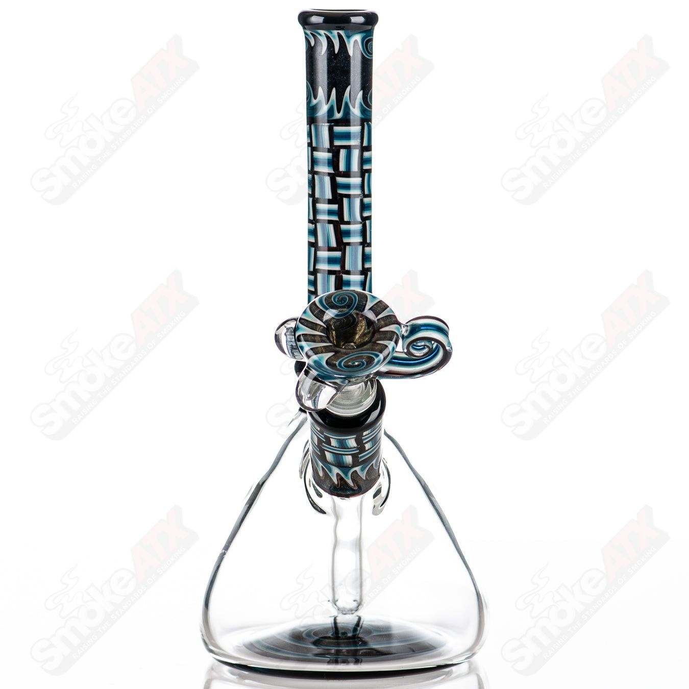 Blue patchwork mini beaker set by Dale Sommers Glass, featuring colorful heady glass with intricate patchwork design.