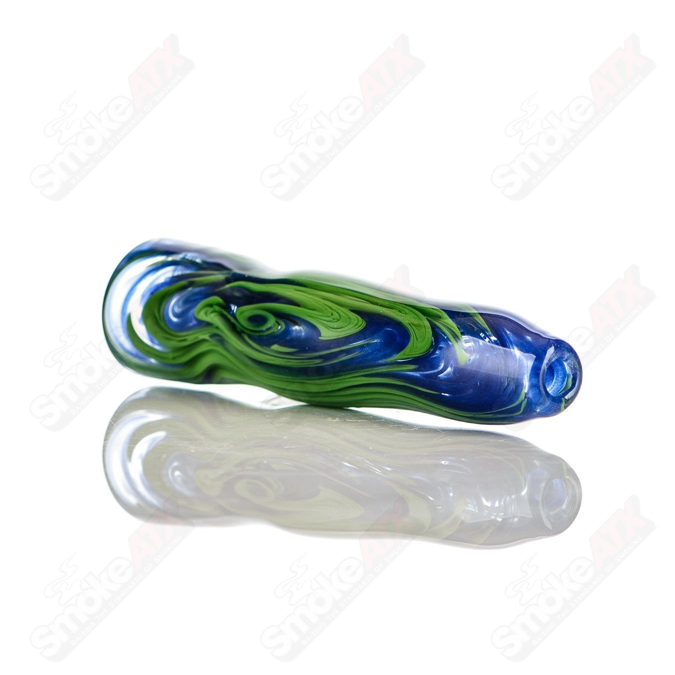 Blue and green color worked glass chillum with clear dot signature by JMK Glass, showcasing intricate design and craftsmanship.