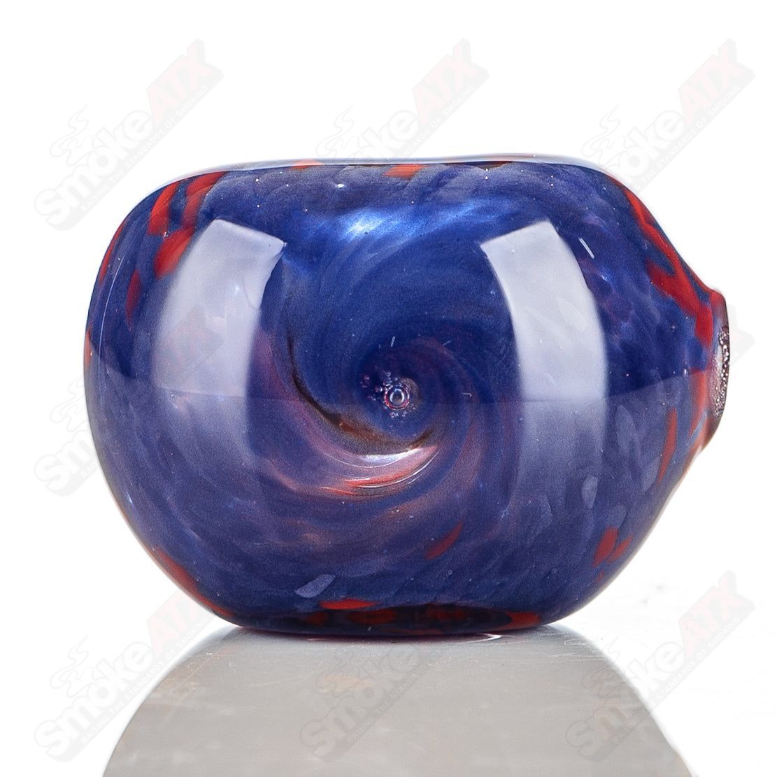 Blue and red frit glass spoon pipe signed by JMK Glass, showcasing colorful glass craftsmanship and intricate design.