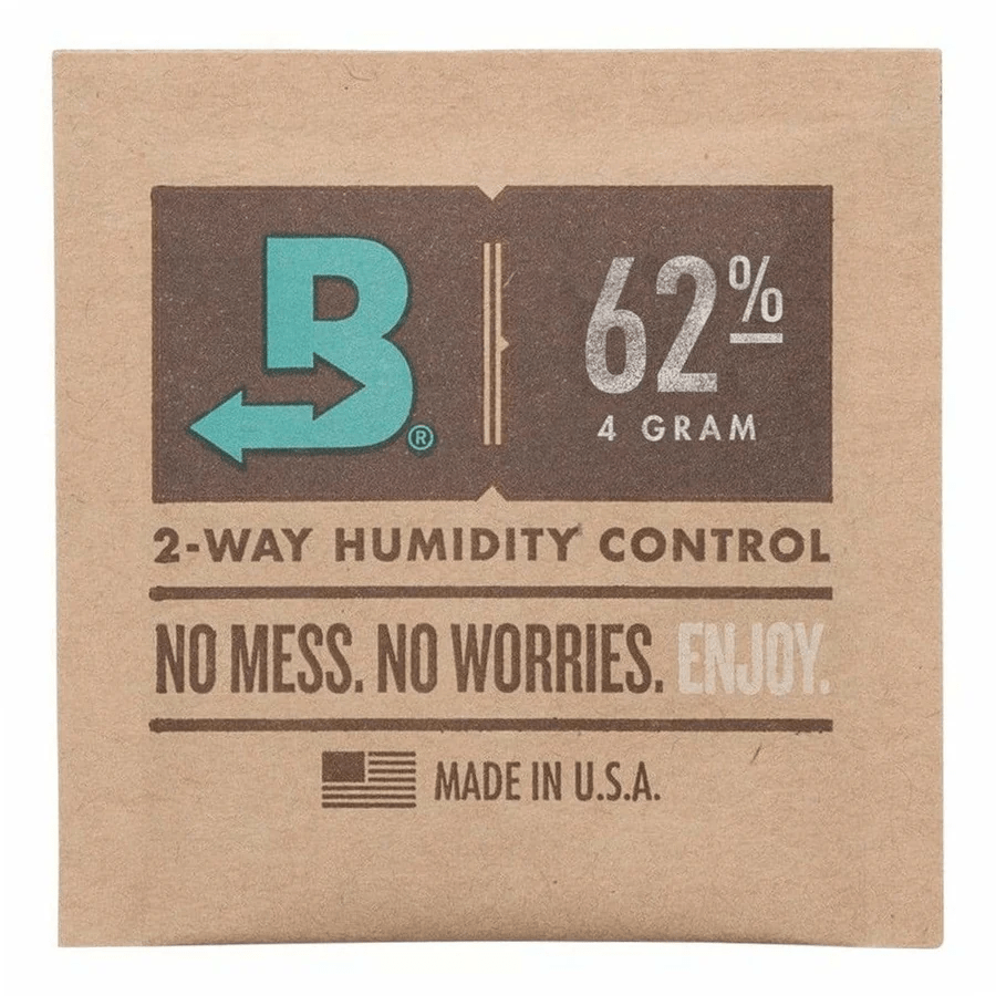 Boveda 62%RH Size 4 humidity control pack inside a clear jar for maintaining optimal moisture levels in storage containers