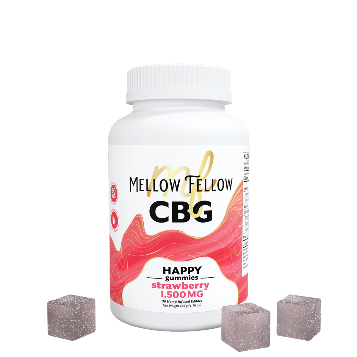 Box of Mellow Fellow Strawberry CBG Hemp Edibles, 1500mg, 30 count, wellness gummies with natural strawberry flavor.