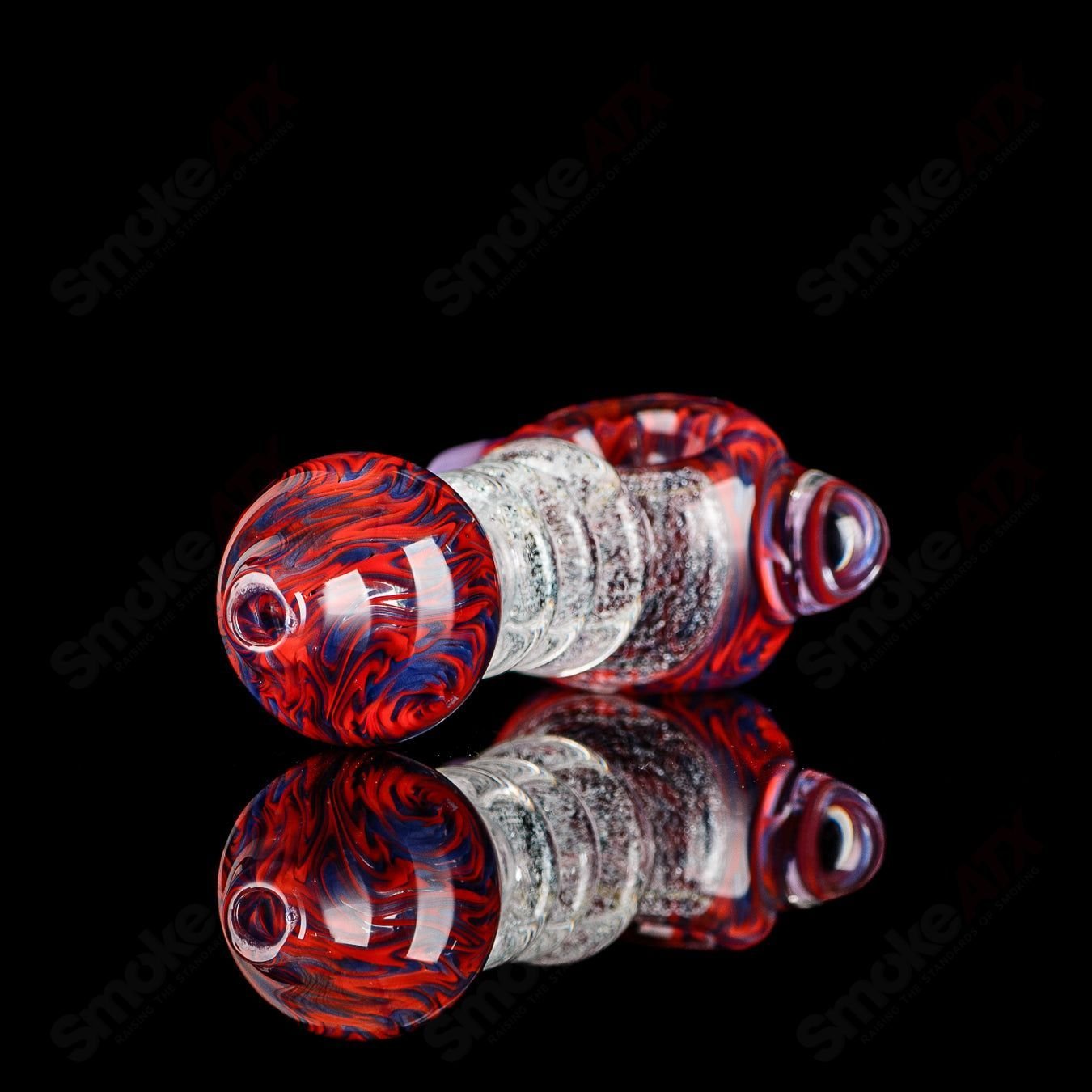 JMK Glass dichro red and transparent glass spoon pipe with triple maria and signature detail, hand pipe for smoking enjoyment.