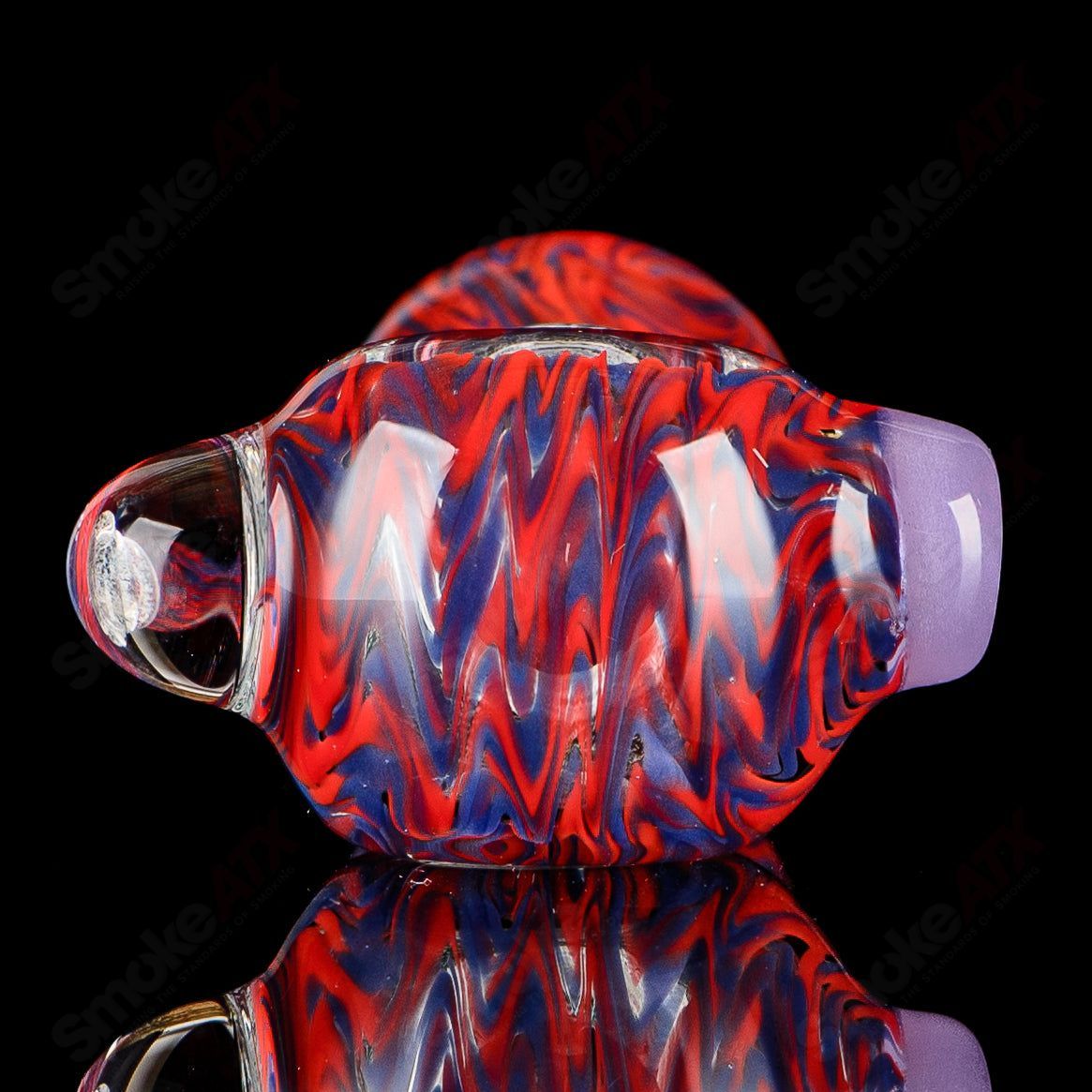 JMK Glass dichro red, transparent glass spoon pipe with triple maria and signed details, hand pipe for smoking.
