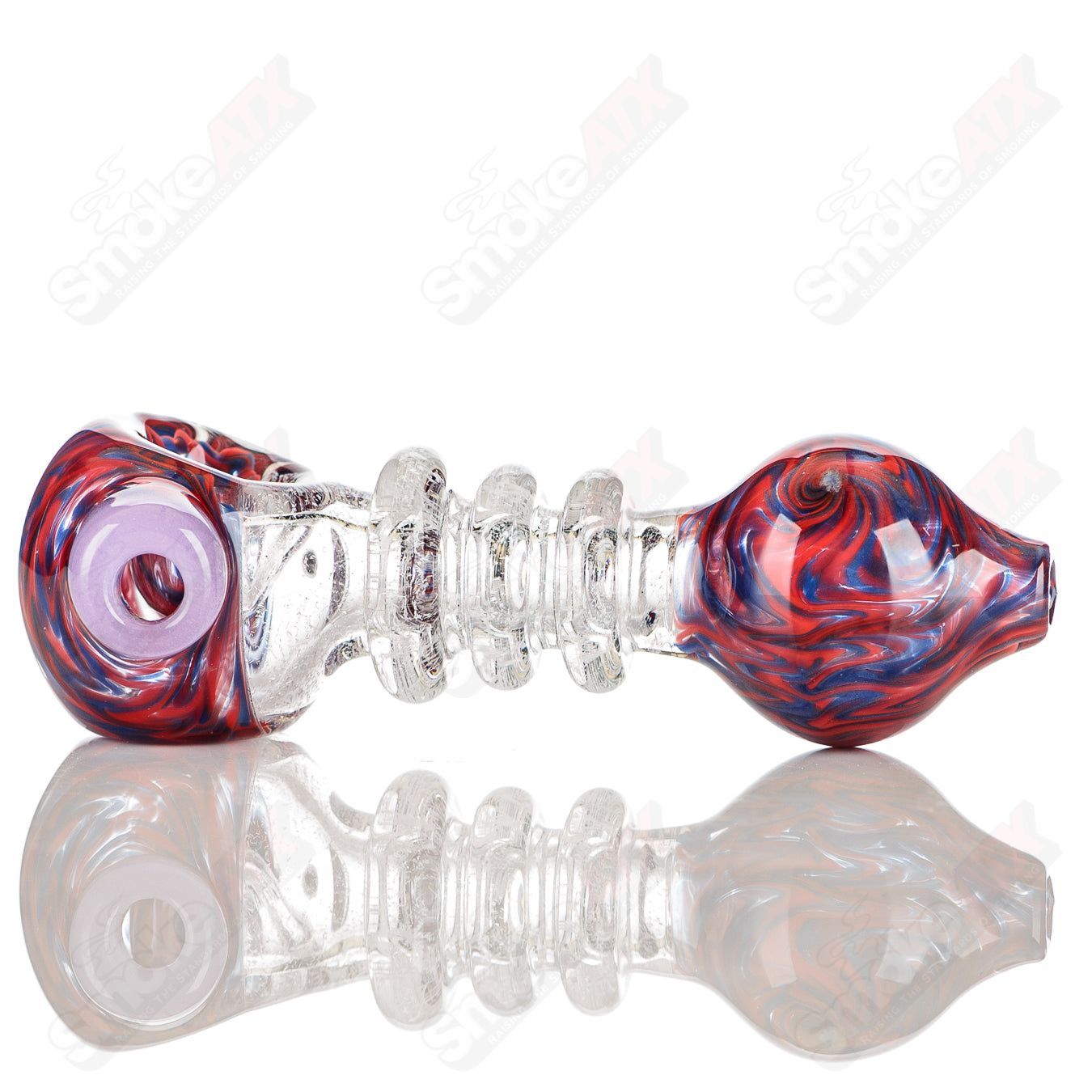 JMK Glass dichro spoon pipe in Burple, red, and transparent glass with triple Maria design and signature.
