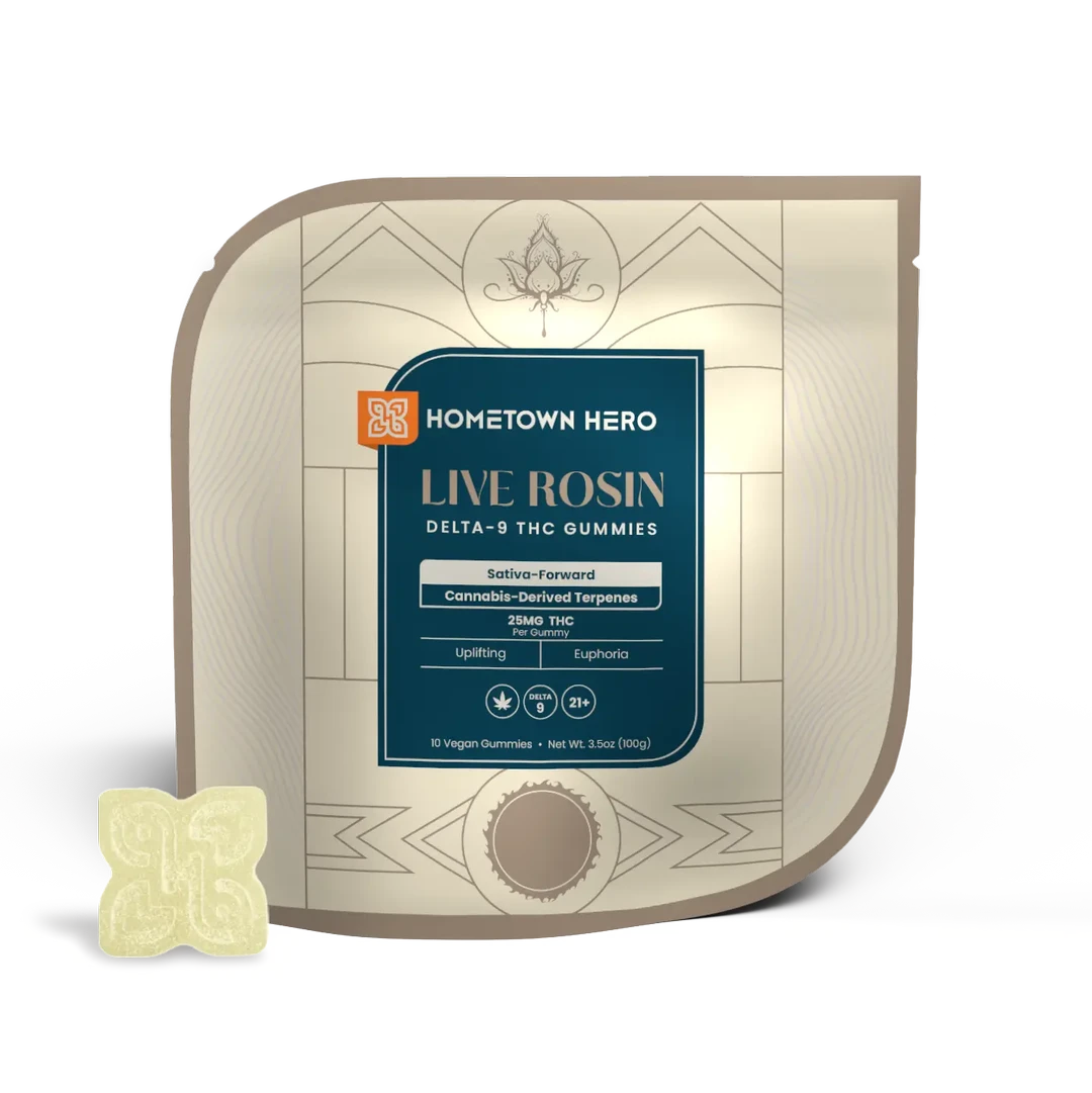 Hometown Hero 250mg sativa-forward Delta-9 live rosin gummies in colorful packaging, hemp edible with THC.