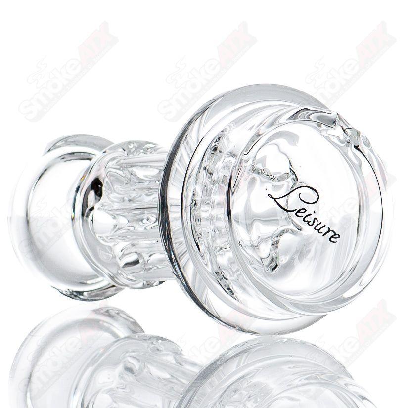 Leisure Glass Calligraphy Logo 6 Pillar Dry Puffco Top, clear glass vaporizer accessory with intricate logo design.
