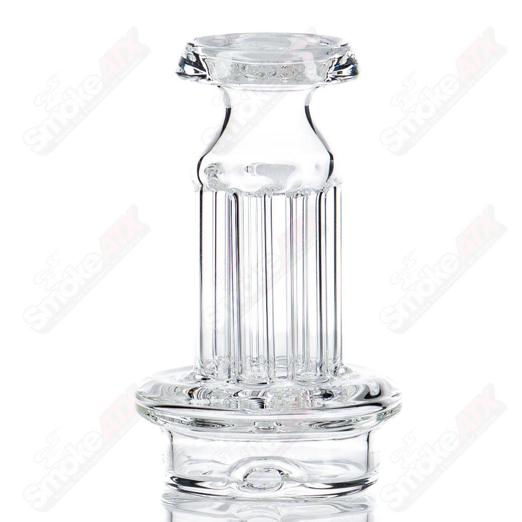 Leisure Glass Calligraphy Logo 6 Pillar Dry Puffco Top, clear glass with intricate logo design, designed for Puffco devices.