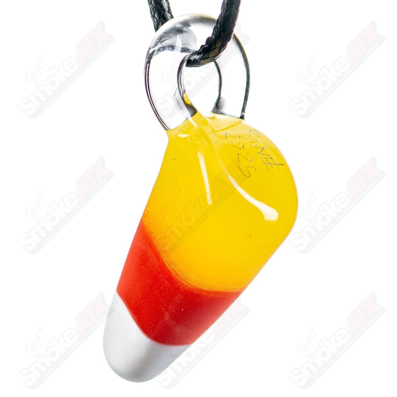 Colorful candy corn glass pendant by SweetShop Glass, featuring a vibrant, handcrafted pendant with detailed candy corn design.