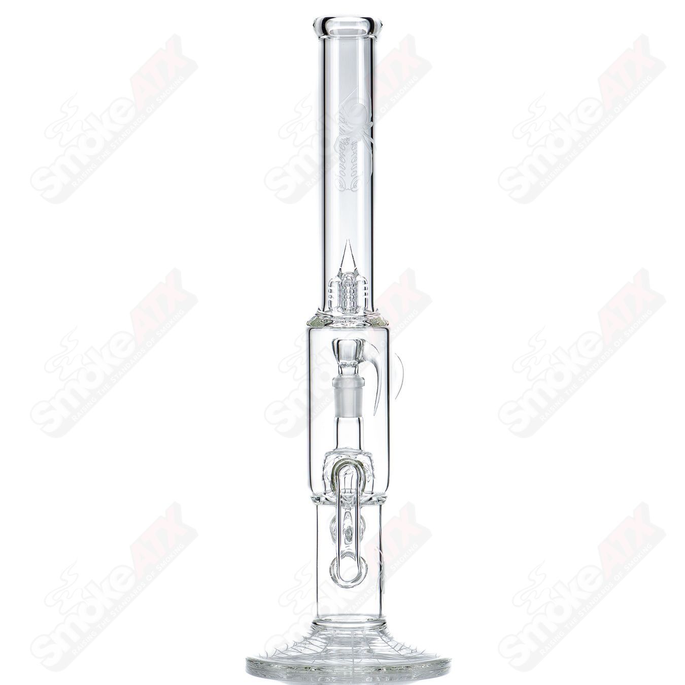 Clear glass recycler cap with 38mm neck, splashguard, and Halloween pattern from Sovereignty Glass.