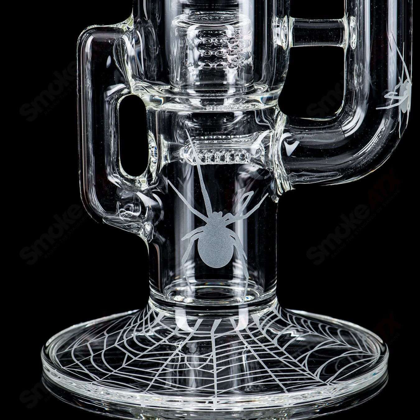 Clear Sovereignty Glass Cap Cycler DG Gline recycler with 38mm neck, splashguard, and Halloween pattern for dabbing and concentrates.