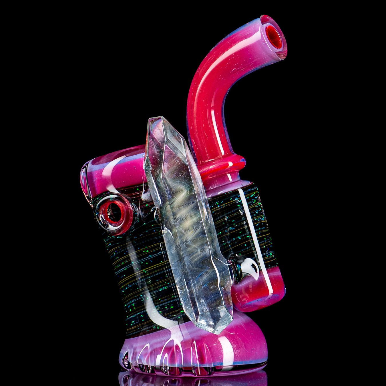 Hand pipe with carved crushed opal design, standup lock style, faceted details, by Rotational Science in heady glass craftsmanship.