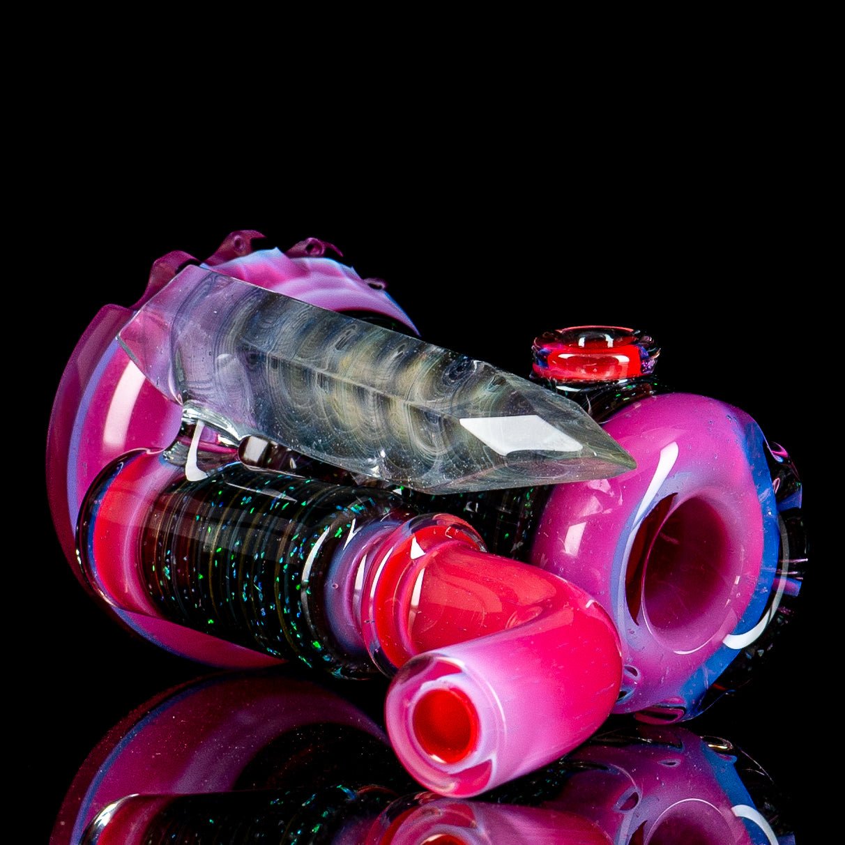 Carved crushed opal dry standup lock hand pipe by Rotational Science with faceted glass design and intricate carved details.