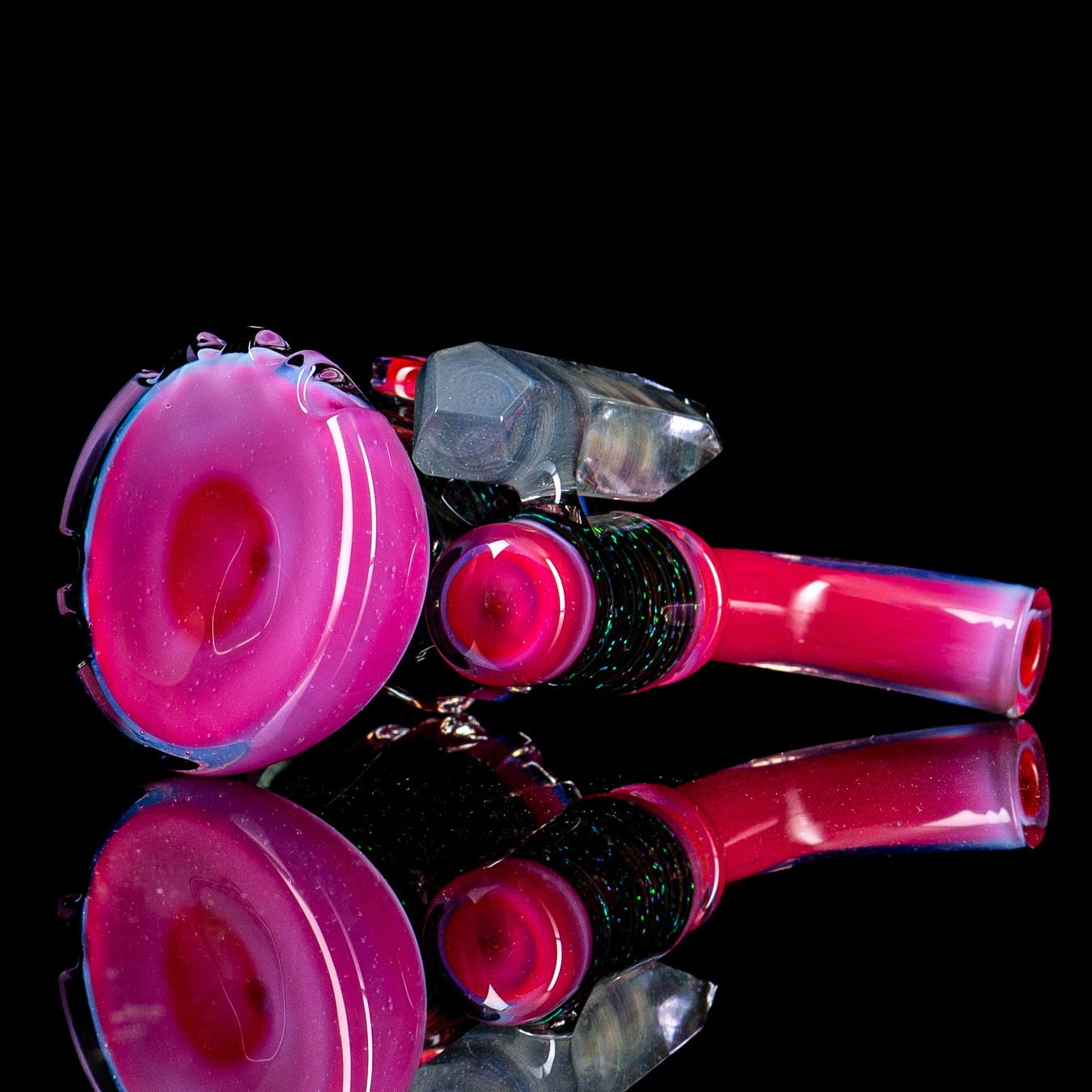 Carved crushed opal dry standup lock hand pipe by Rotational Science with faceted design and intricate glass carving.
