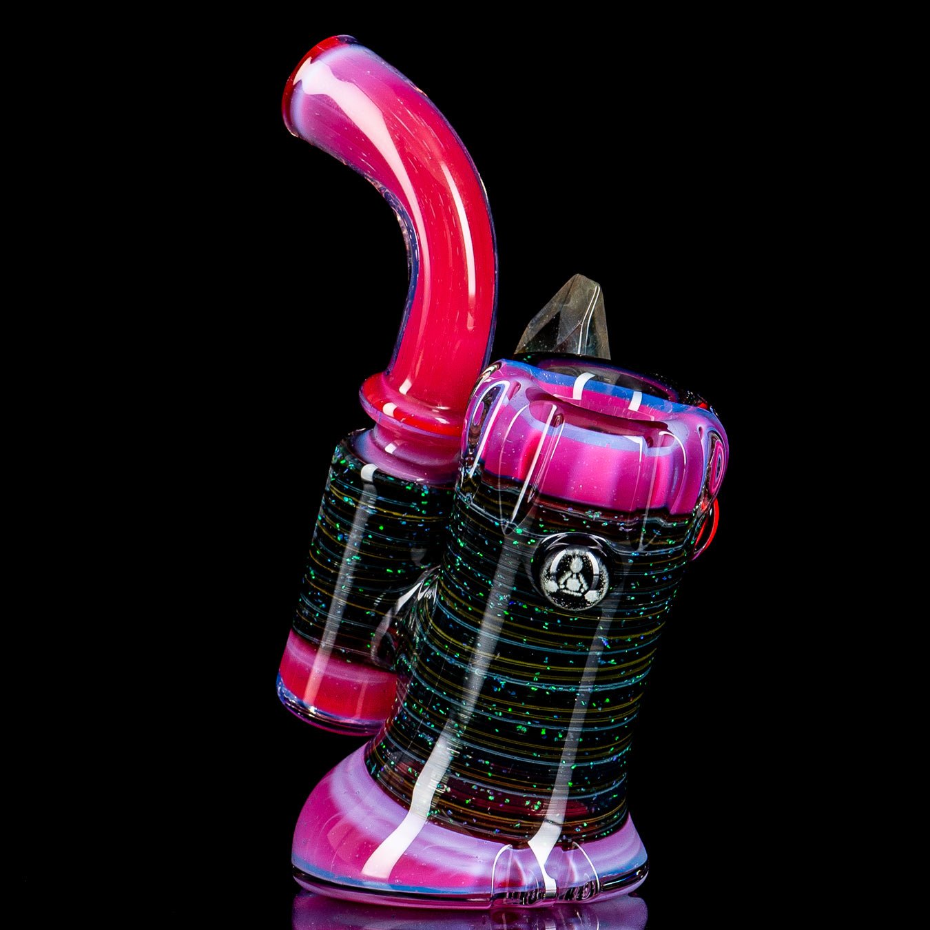 Carved crushed opal dry standup lock hand pipe by Rotational Science, featuring faceted glass design and intricate craftsmanship