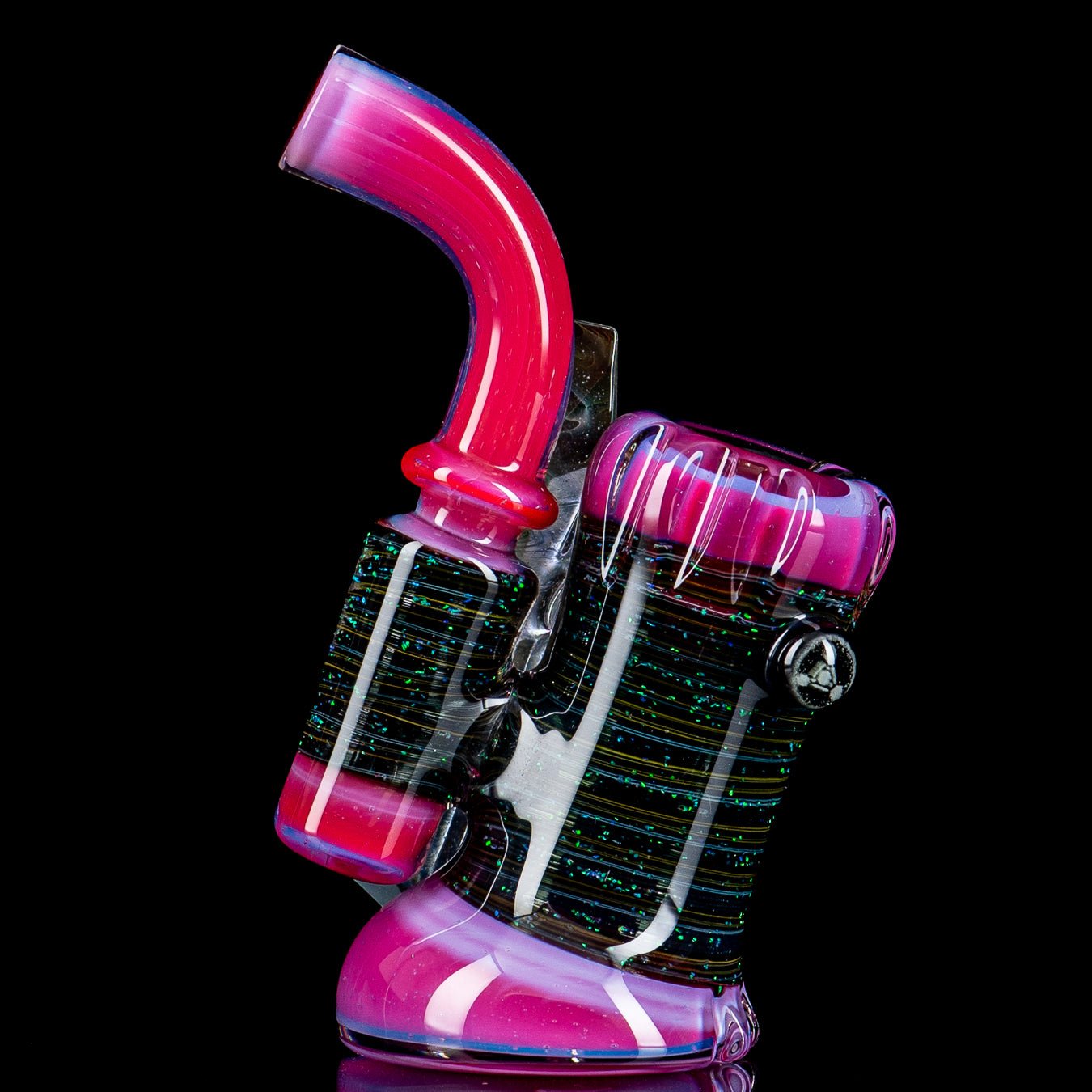 Carved crushed opal dry standup lock hand pipe by Rotational Science featuring faceted design and intricate carvings in heady glass.