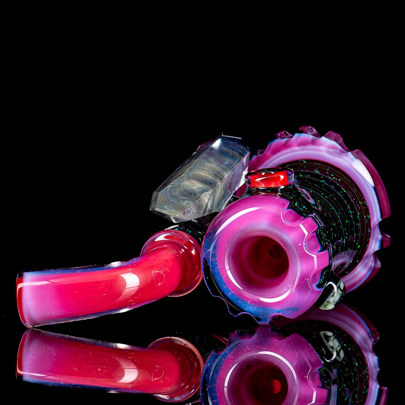 Carved crushed opal dry standup lock hand pipe by Rotational Science, featuring faceted details and artistic glasswork.