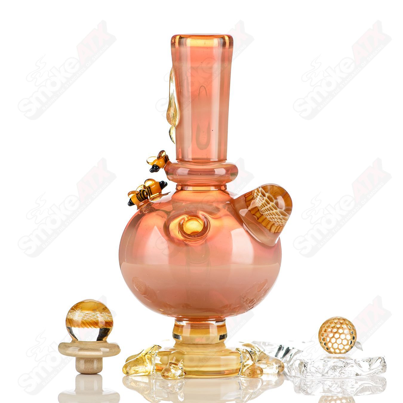 Cherry Blossom Pink Honeycomb Lamp Set by Joe P Glass, Heady Glass concentrate rigs with intricate honeycomb design and vibrant pink color.