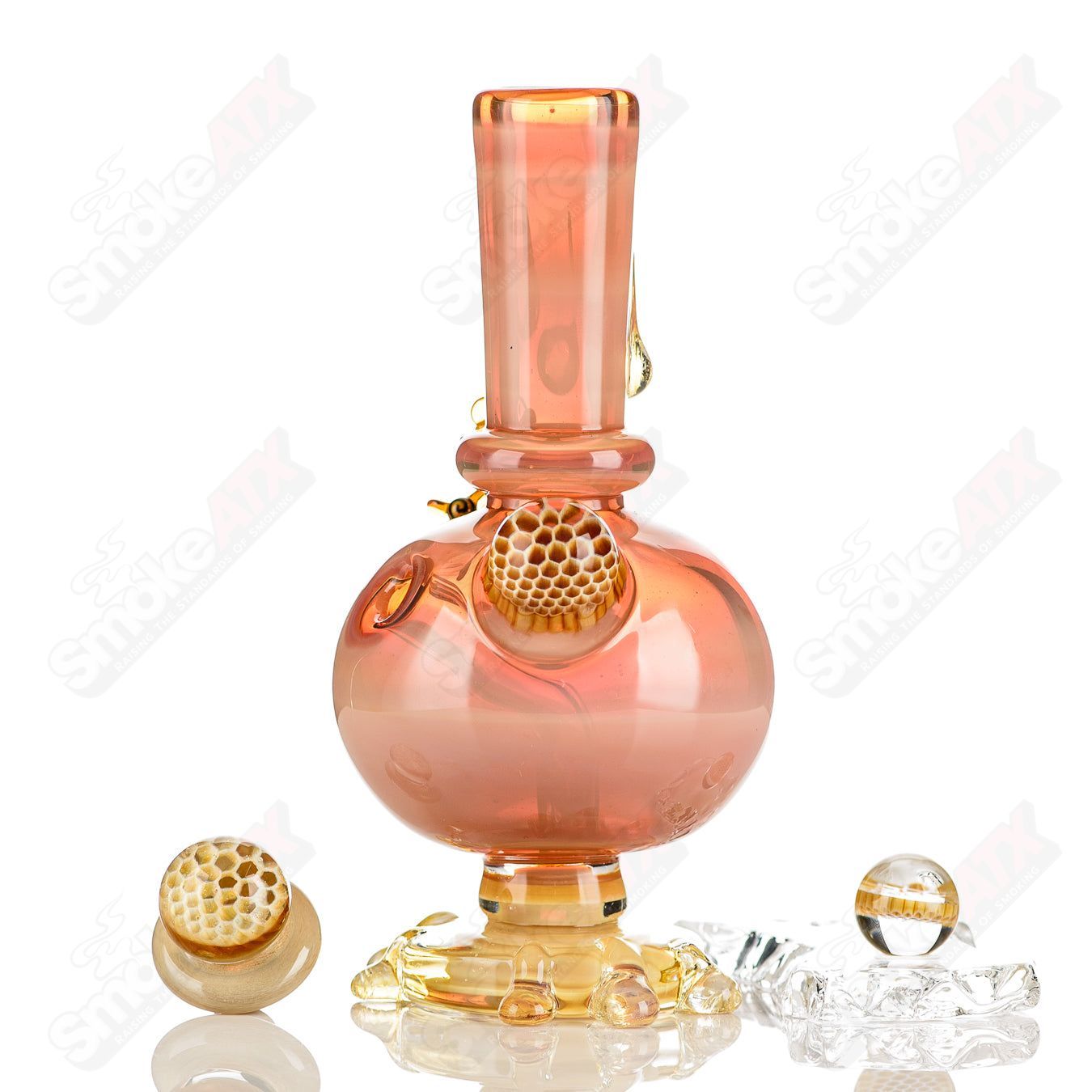 Cherry Blossom Pink Honeycomb Lamp Set by Joe P Glass, Heady Glass concentrate rigs with intricate honeycomb patterns and vibrant pink design.