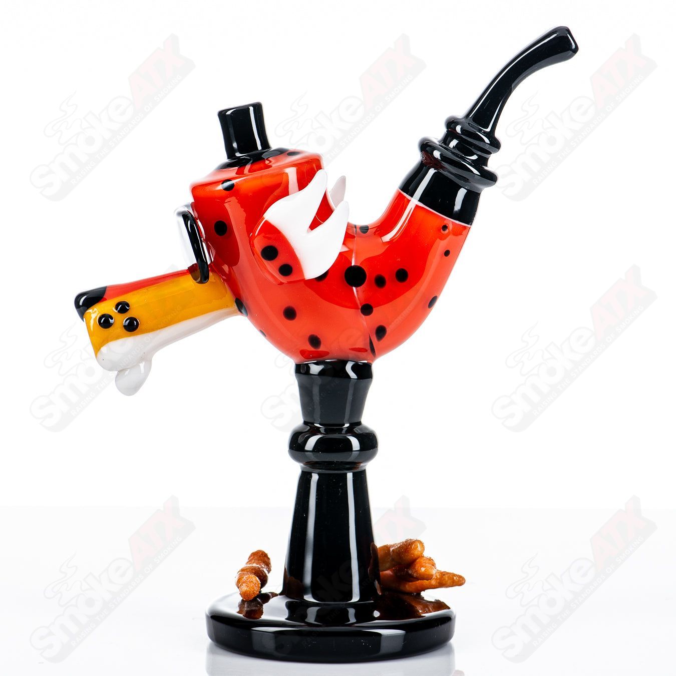 Heady glass Sherlock pipe featuring Chesterlock Rudeboy x JMass design, with intricate artwork and transparent glass construction.