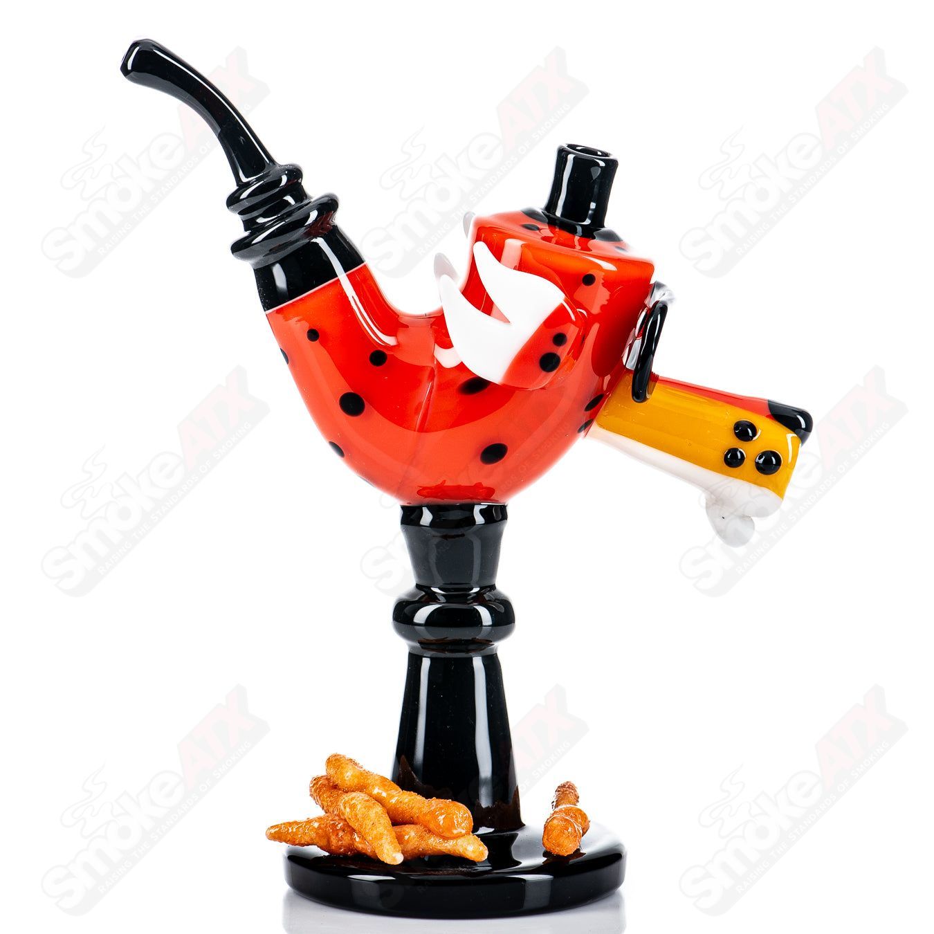 Heady glass Sherlock pipe by JMass featuring Chesterlock Rudeboy x JMass design, with intricate glass artwork and a classic shape.