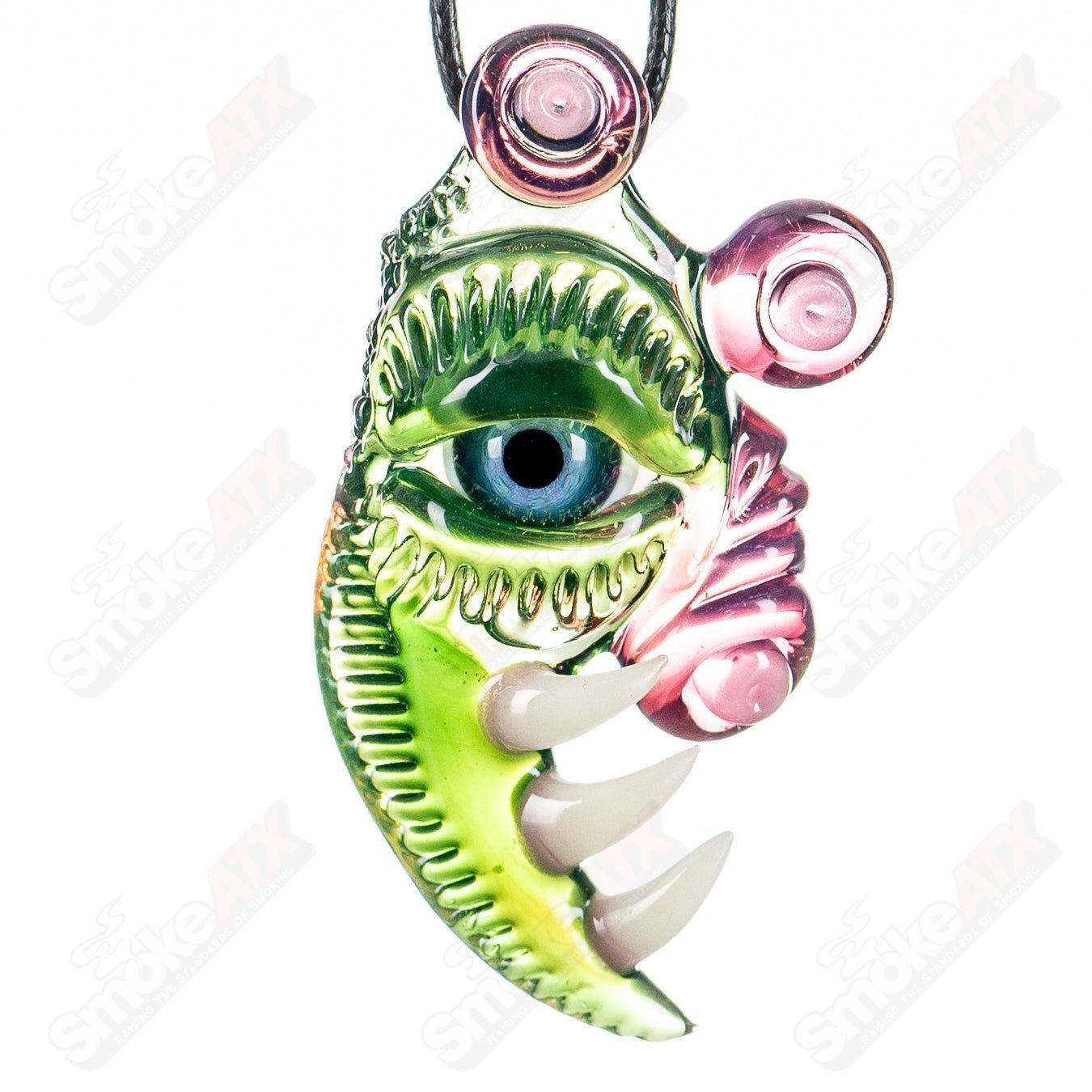 Colorful Salt Glass Electric Flamingo UV pendant featuring Citrine and Plantphibian Telemagnta design, heady glass pendant jewelry.