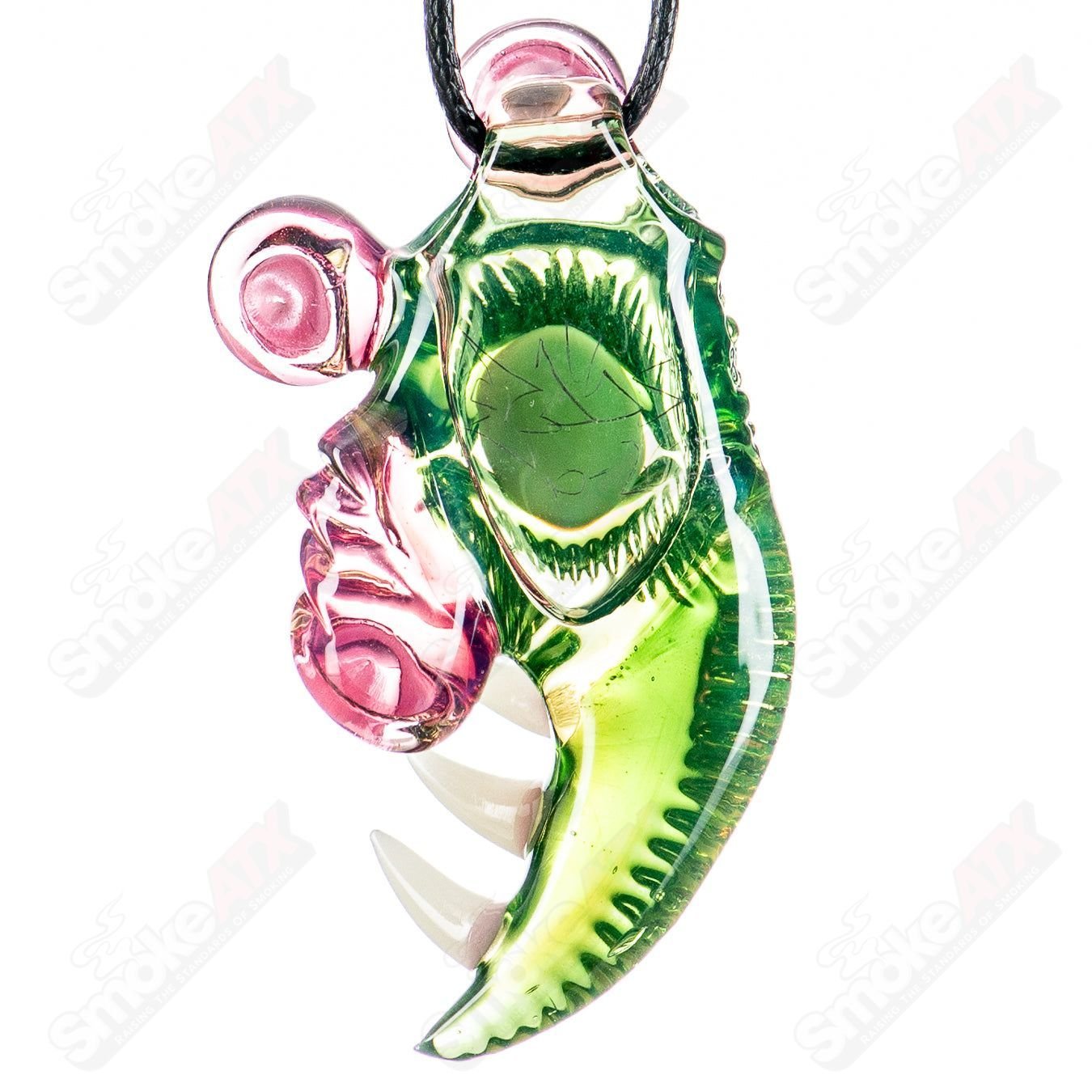 Salt Glass electric flamingo UV pendant featuring a Citrine Plantphibian and Telemagnta design, colorful heady glass jewelry.
