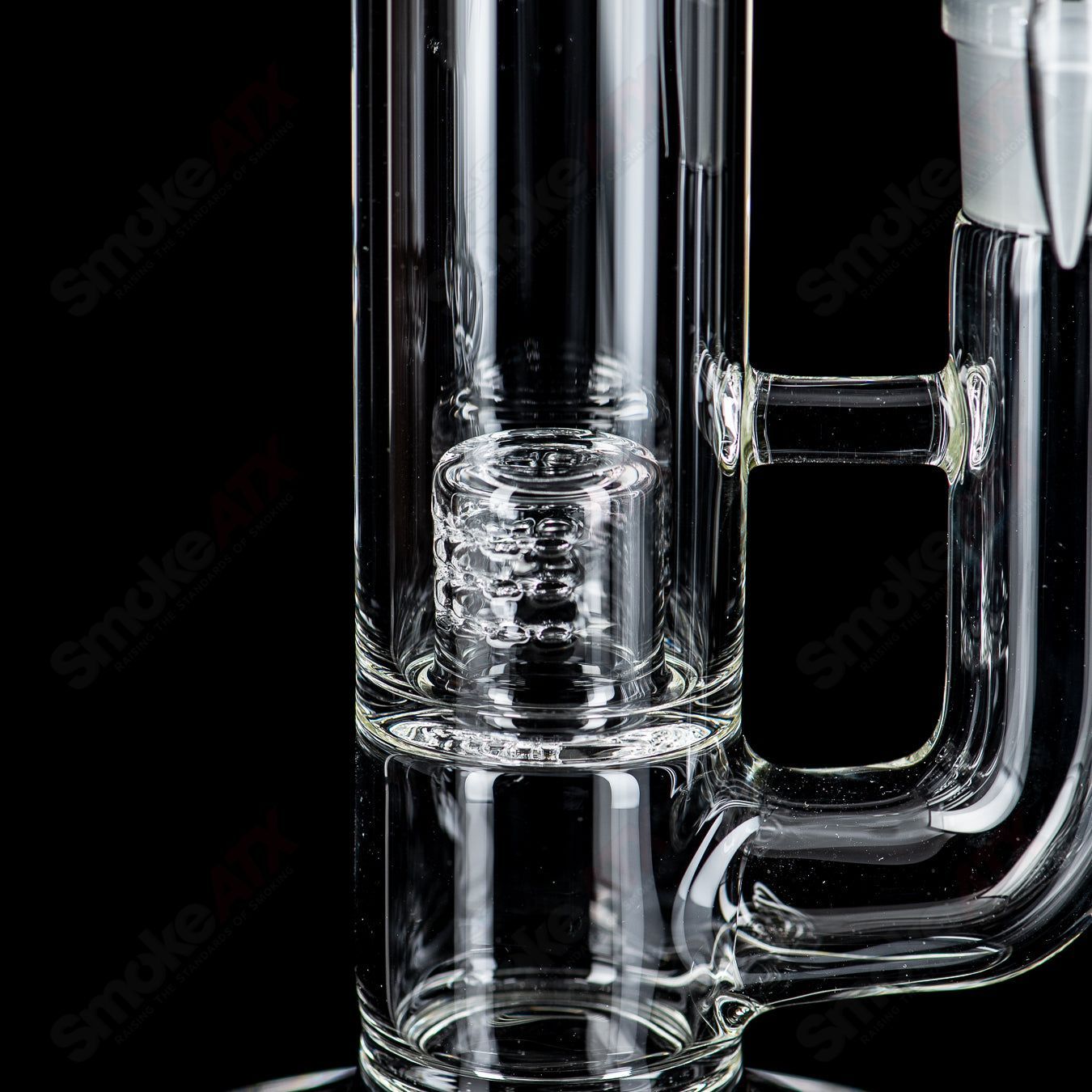 Clear 180 grid cap with reduction from Sovereignty Glass, designed for heady glass pipes, shown on a transparent glass accessory.
