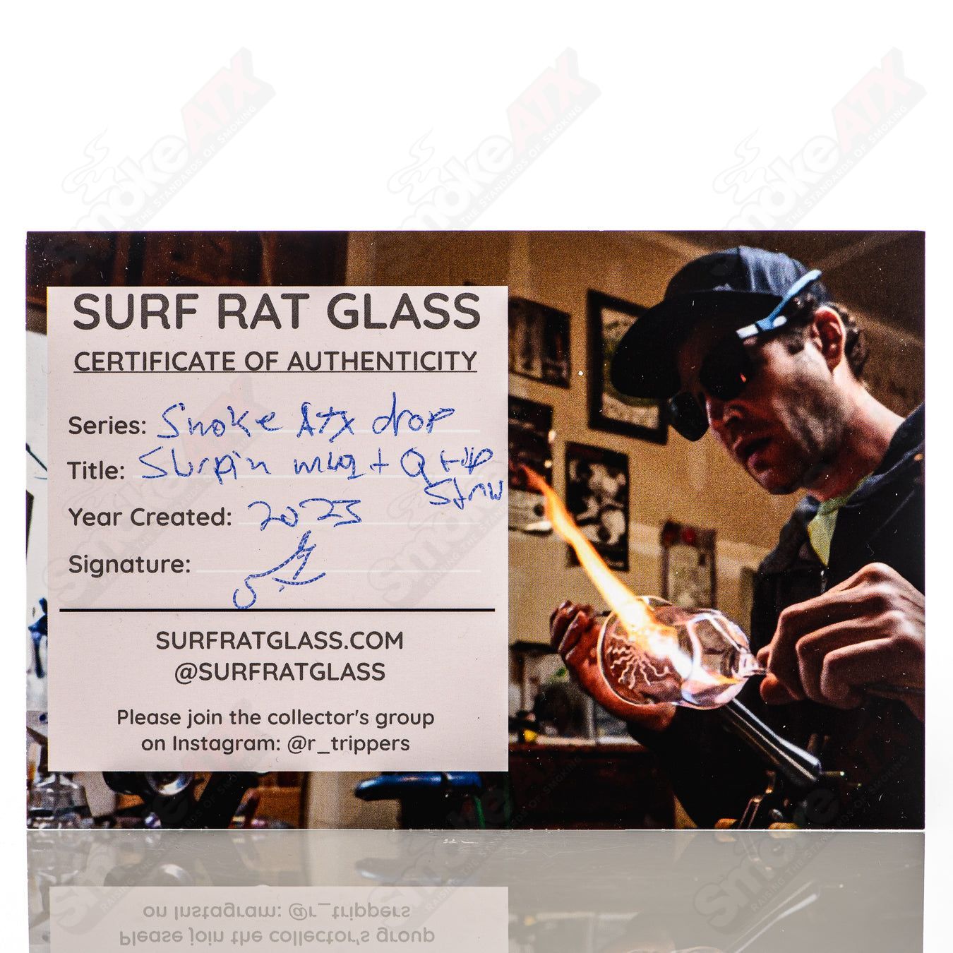 Clear Slurpin Mug with Q-Tip Straw by Surf Rat Glass, a transparent heady glass cup featuring a unique design.