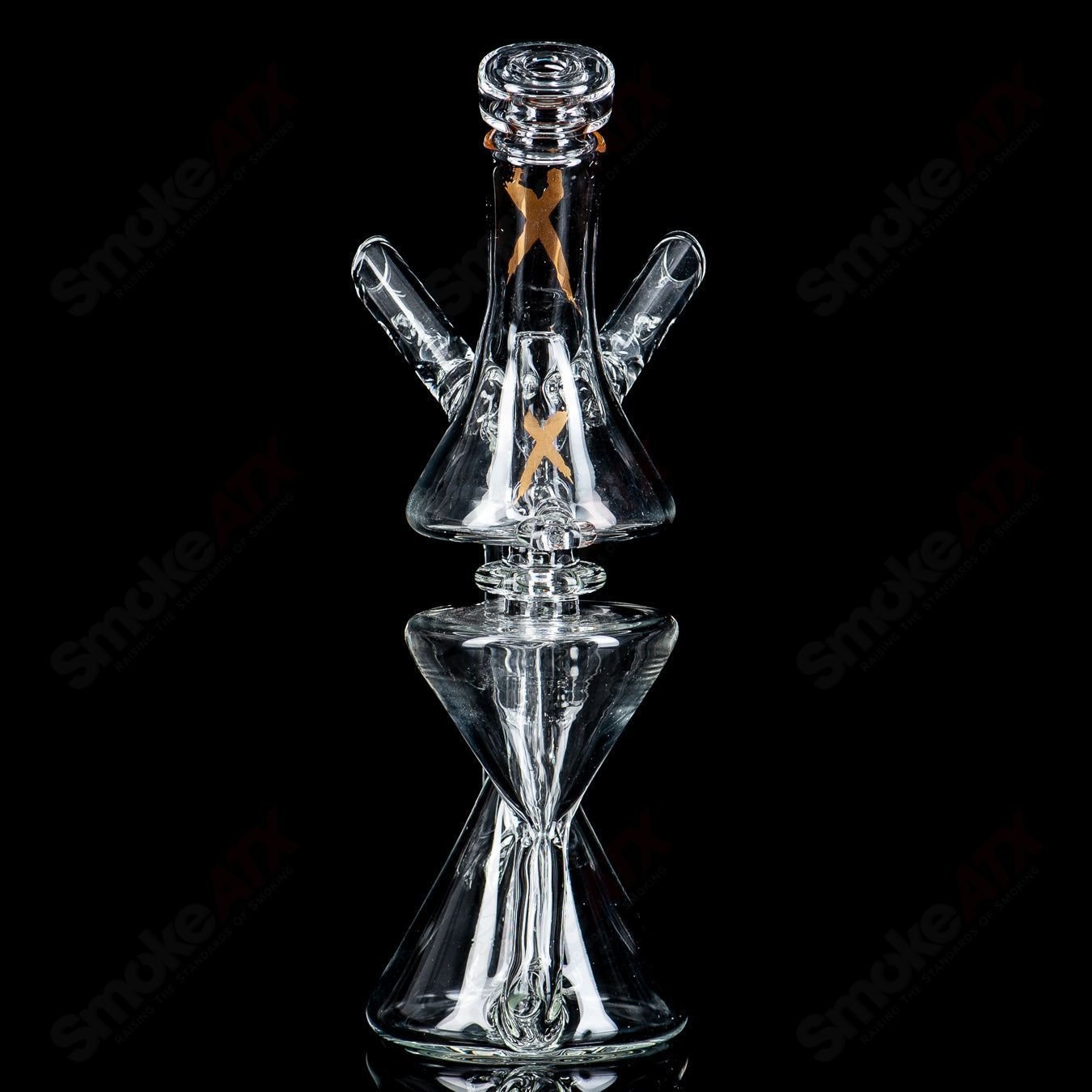 Clear RAM Xhalecycler recycler by Robert Mickelsen, handcrafted heady glass with intricate design and transparent glass body.