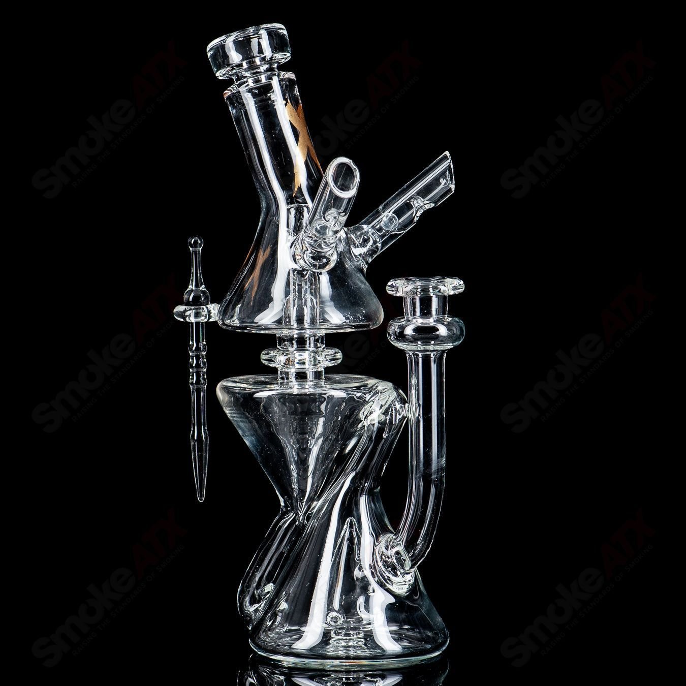 Clear Xhalecycler RAM Robert Mickelsen glass recycler with intricate design, showcasing vibrant glasswork and detailed craftsmanship.