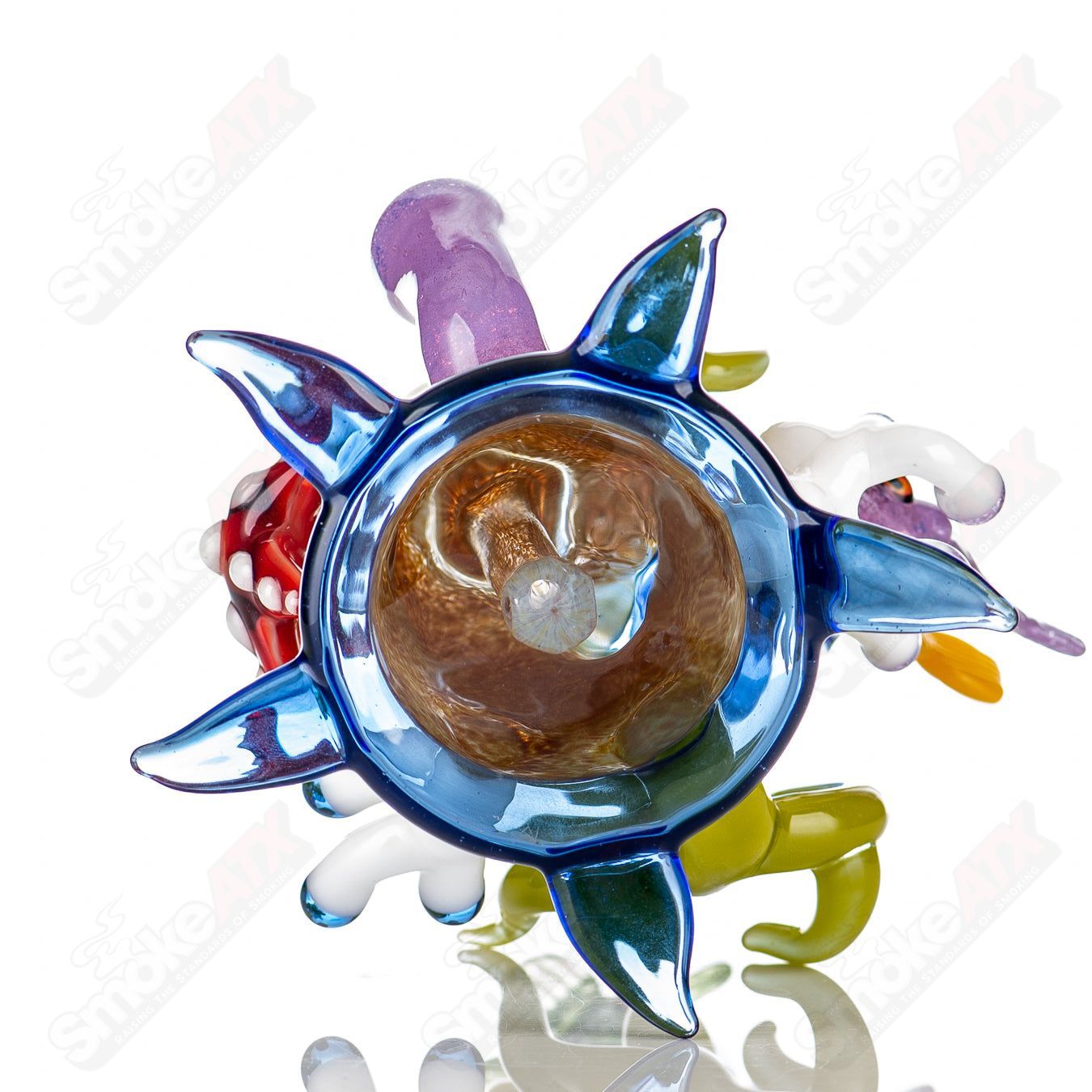 Cobalt Reef Rig by JRod Glass, a colorful heady glass concentrate rig with intricate design and vibrant cobalt blue accents.