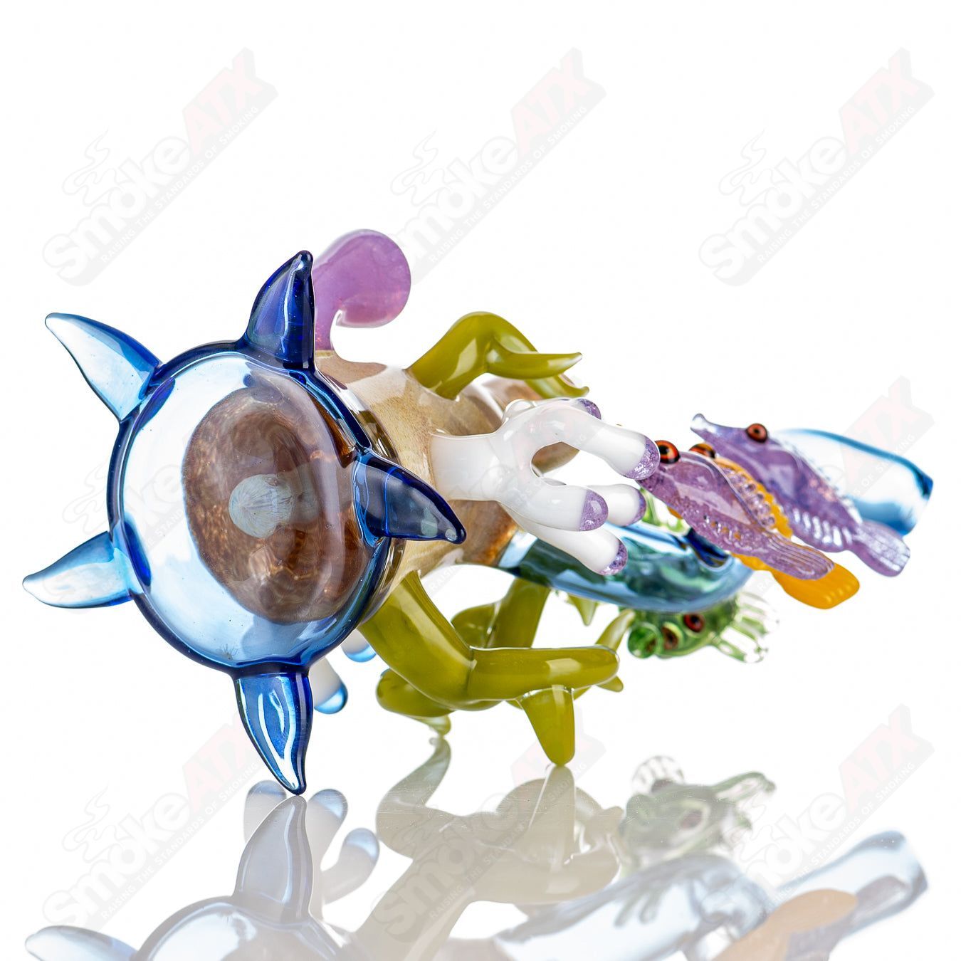 Cobalt Reef Rig JRod Glass concentrate rig with vibrant blue and clear glass design, featuring a percolator and sturdy base.