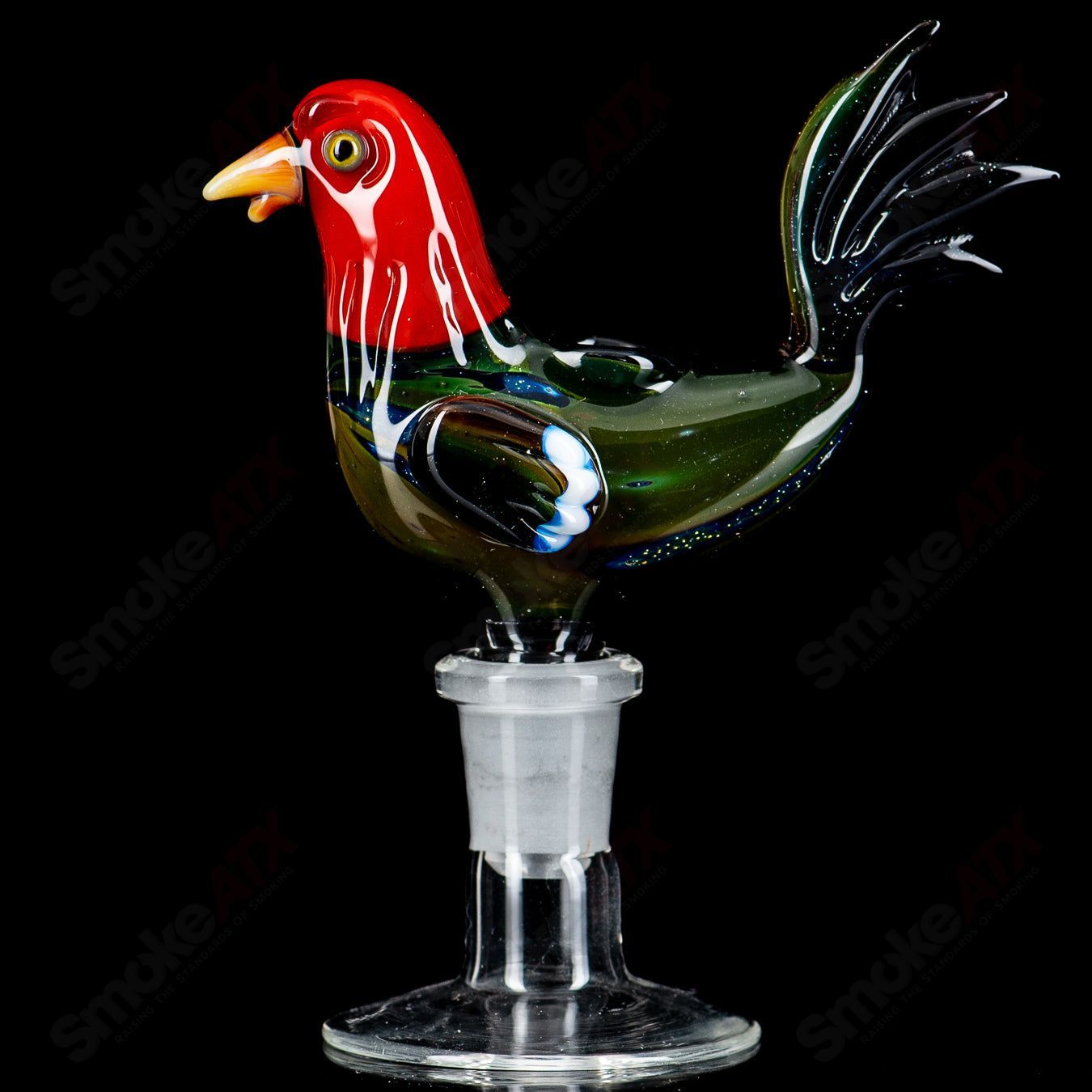 Burtoni Glass cock bowl slide featuring clear glass with intricate design, handcrafted for use in glass pipes.