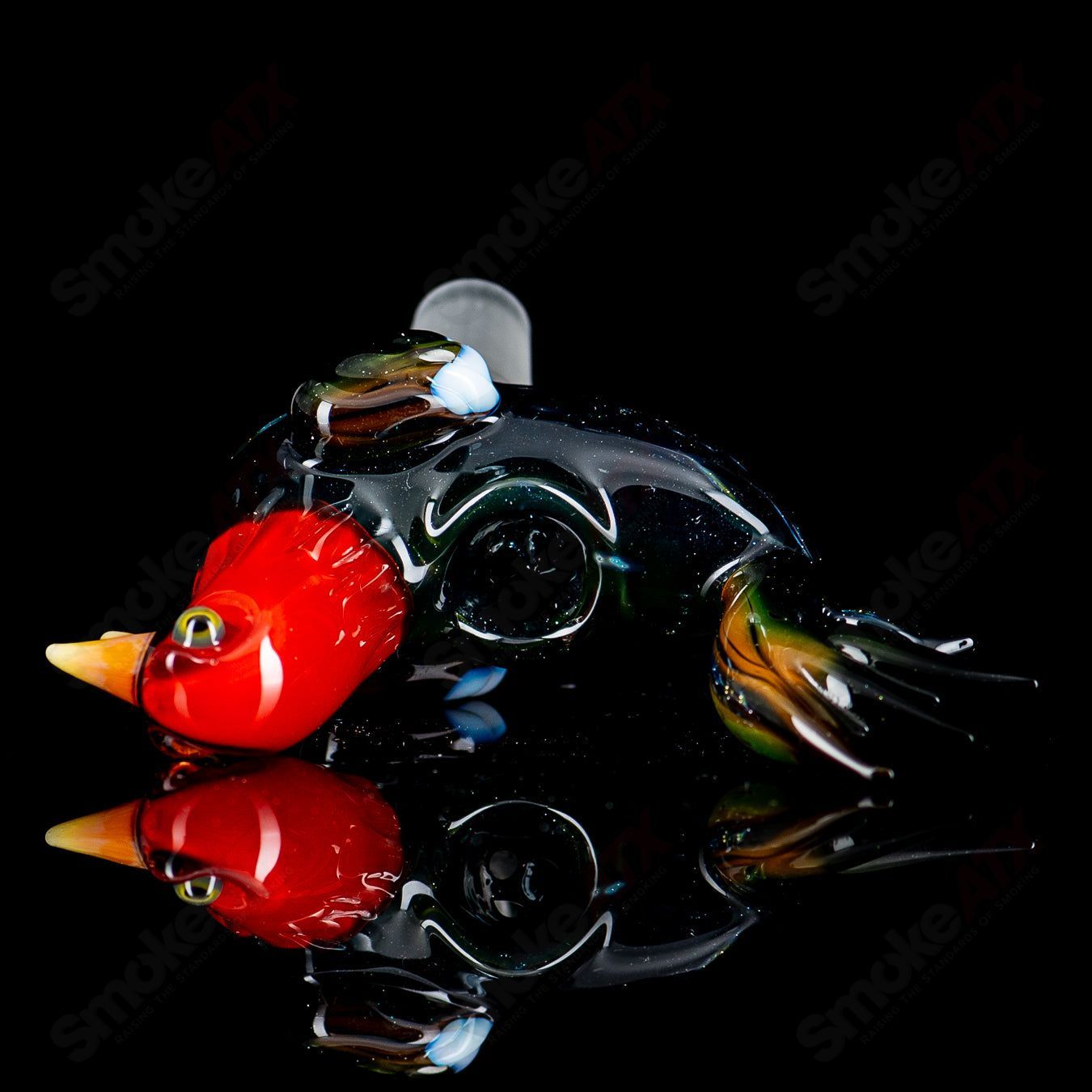 Burtoni Glass cock bowl and slide, clear glass with intricate design, used for smoking accessories.
