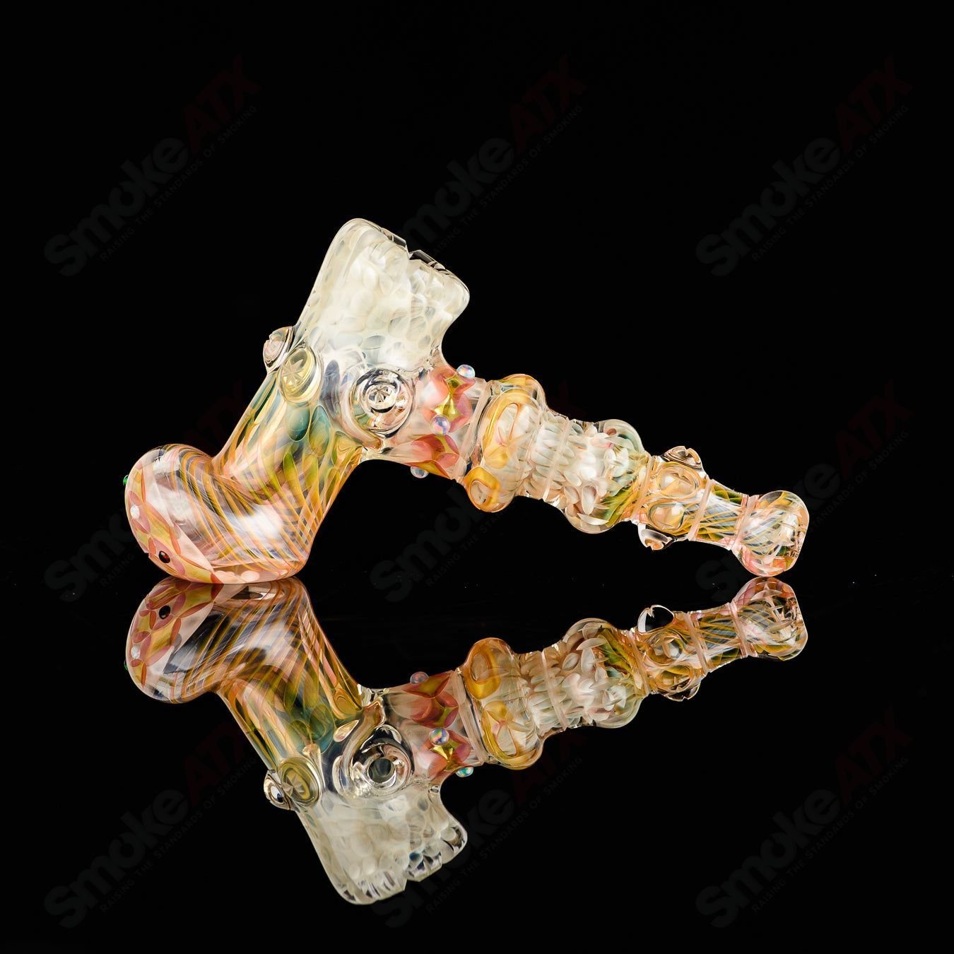 Cold Work Sherlock Lammi by Fatal Facets, a clear heady glass Sherlock pipe with intricate details and cold work art.