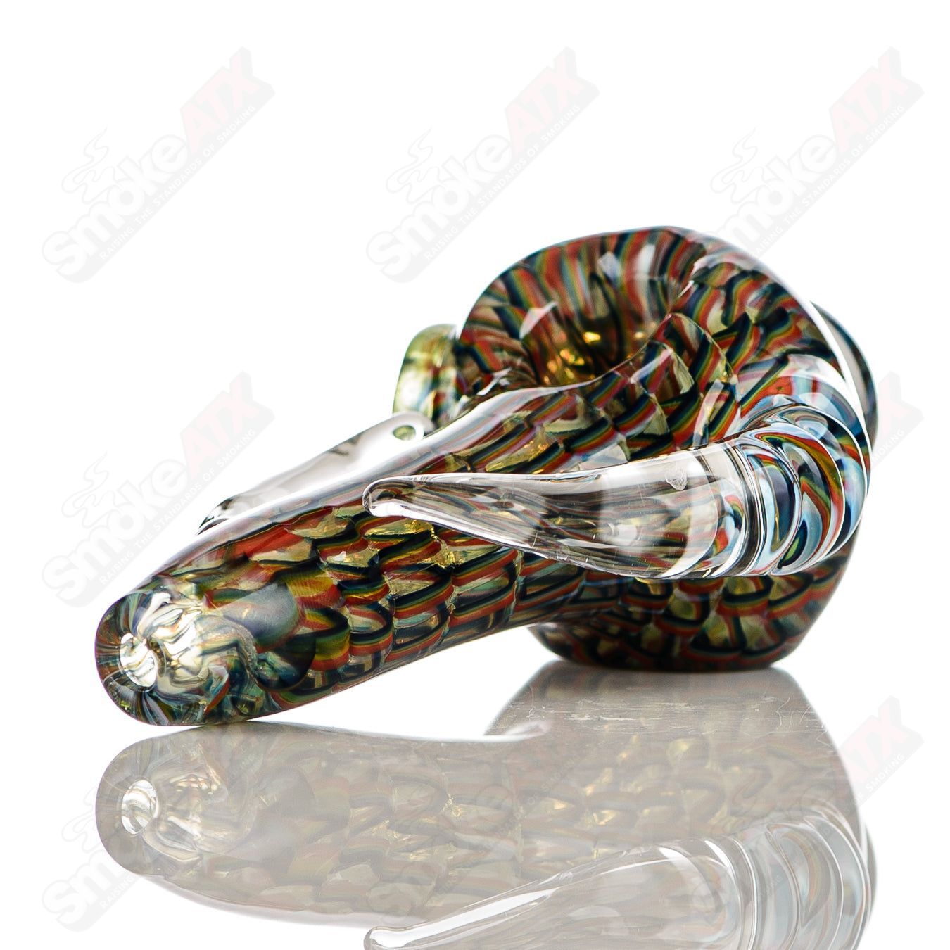 Color ribbon coil-wrap glass spoon pipe with clear horn accents and spiral design, signed by JMK Glass.
