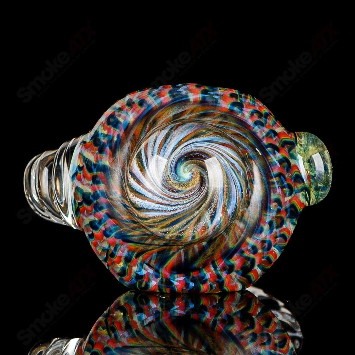 Color ribbon coil-wrap glass spoon pipe with clear horns and spiral design by JMK Glass, signed MIB, hand-crafted art piece.