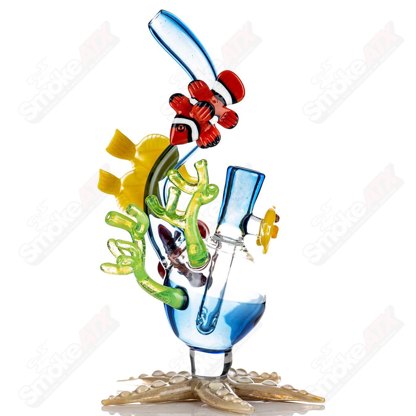 JRod Glass Coral Reef Rig Heady Glass concentrate rig with colorful coral reef design and clear glass body for dabbing.