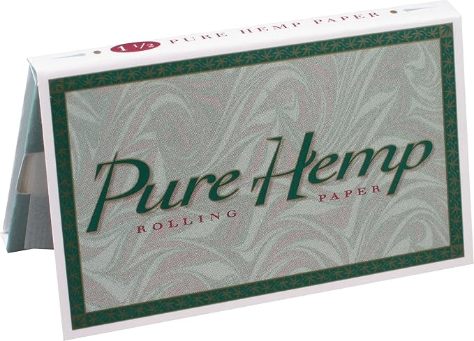 Pure Hemp 1 1/2 Classic Rolling Papers made from pure hemp, shown with the packaging and rolled papers on a surface.