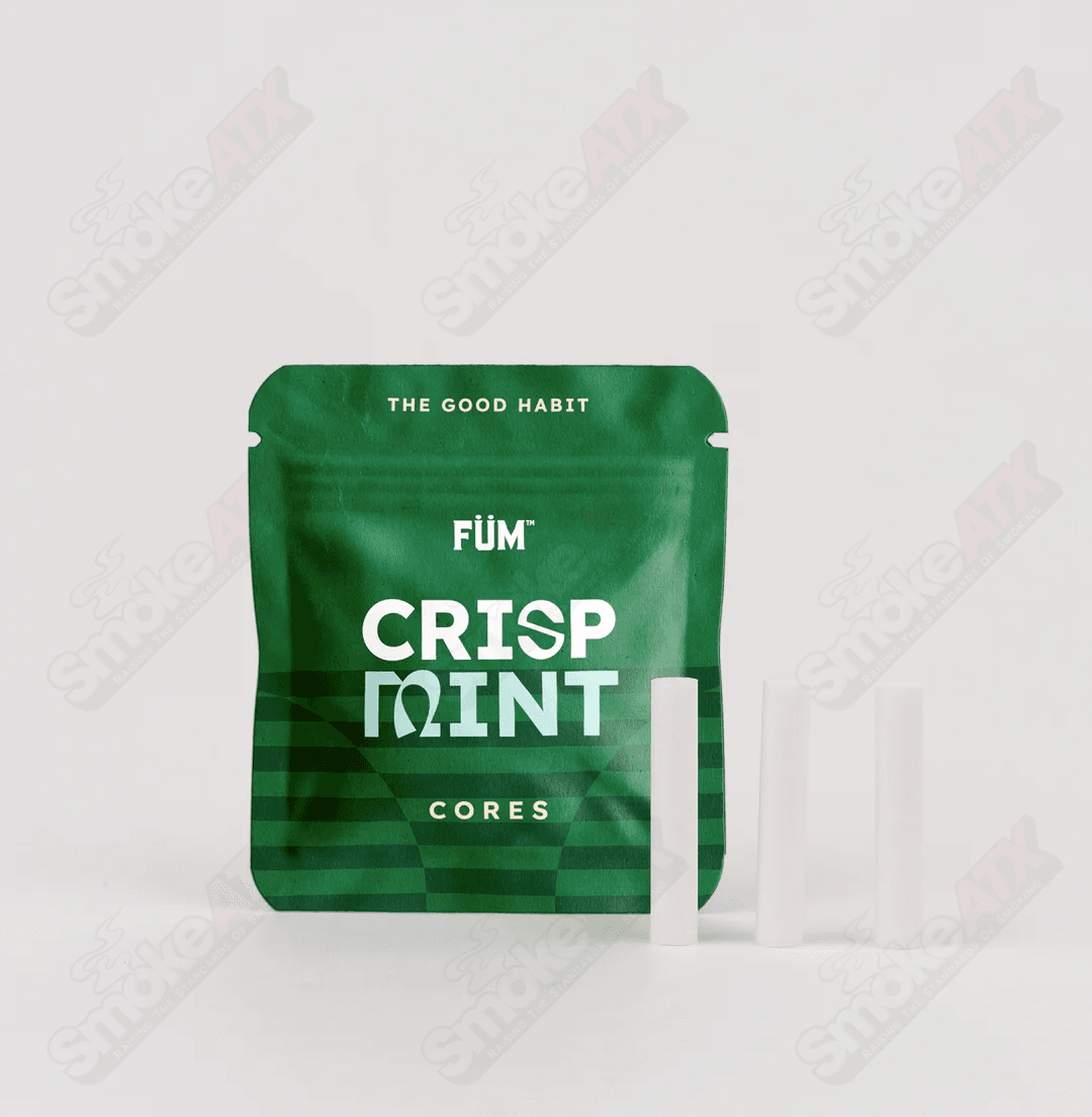 Fum Core E-Cig with Crisp Mint flavor, showing the sleek device and mint flavor cartridge for vaping.