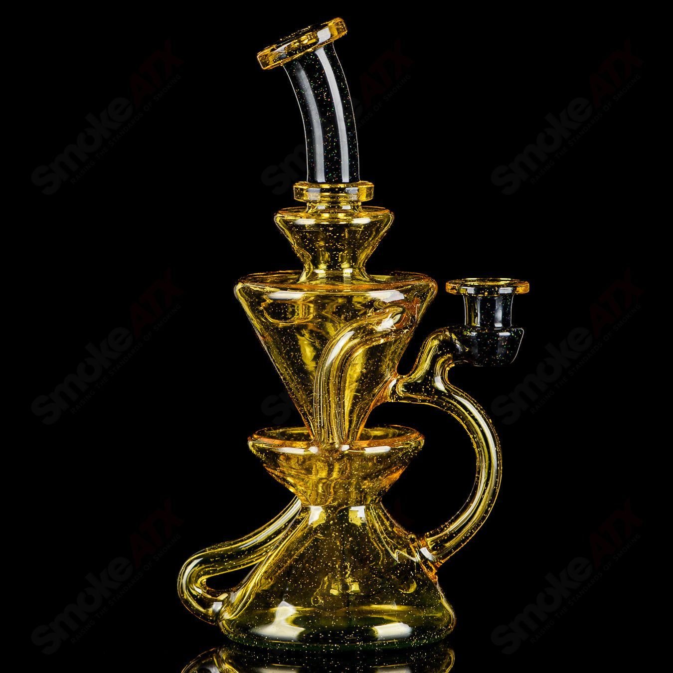Crushed opal full-size recycler glass pipe by Captn Chronic, featuring vibrant crushed opal accents and intricate heady glass design.