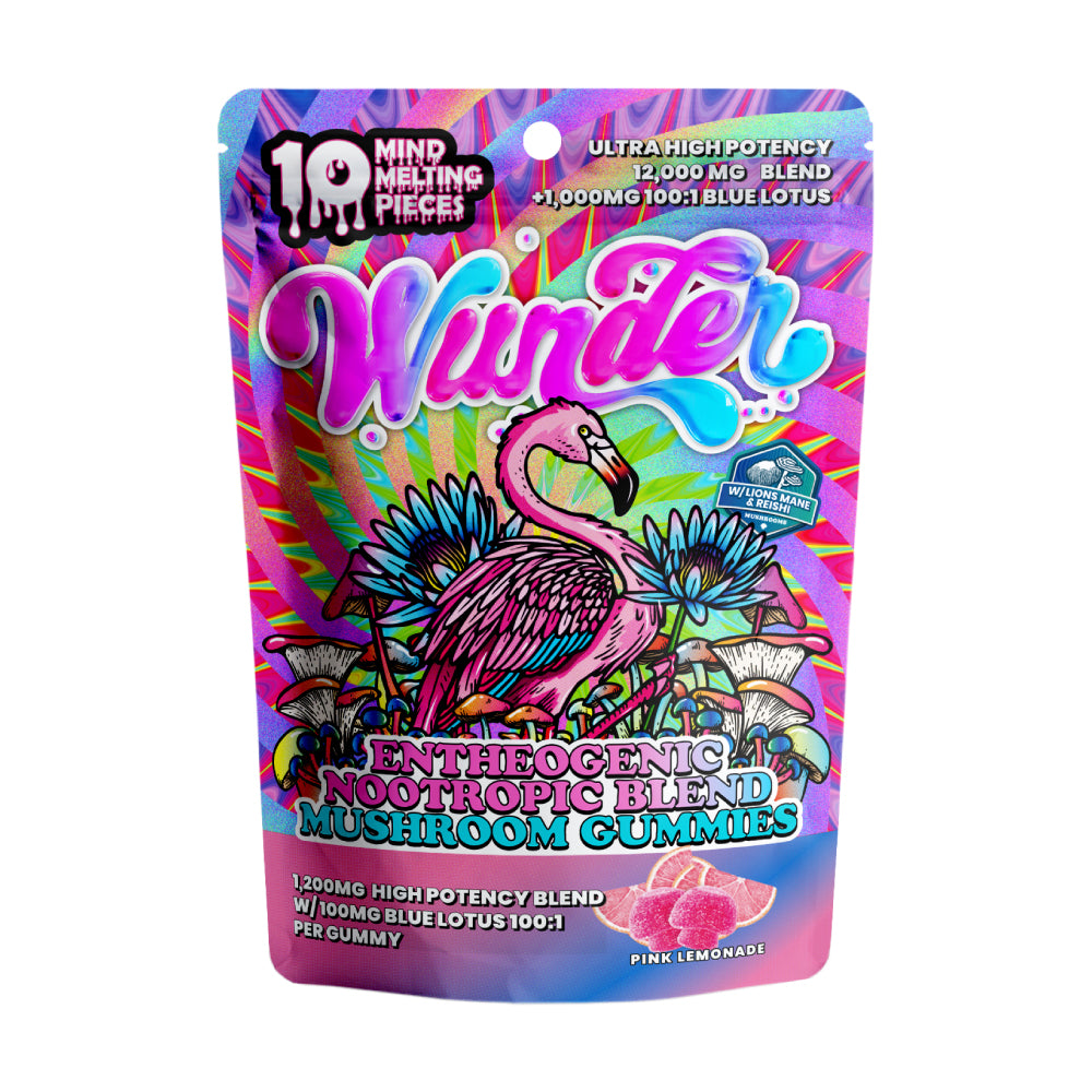 Pink Lemonade Mushroom Gummies by Wunder, 12,000mg nootropic mushroom edibles in a clear container.