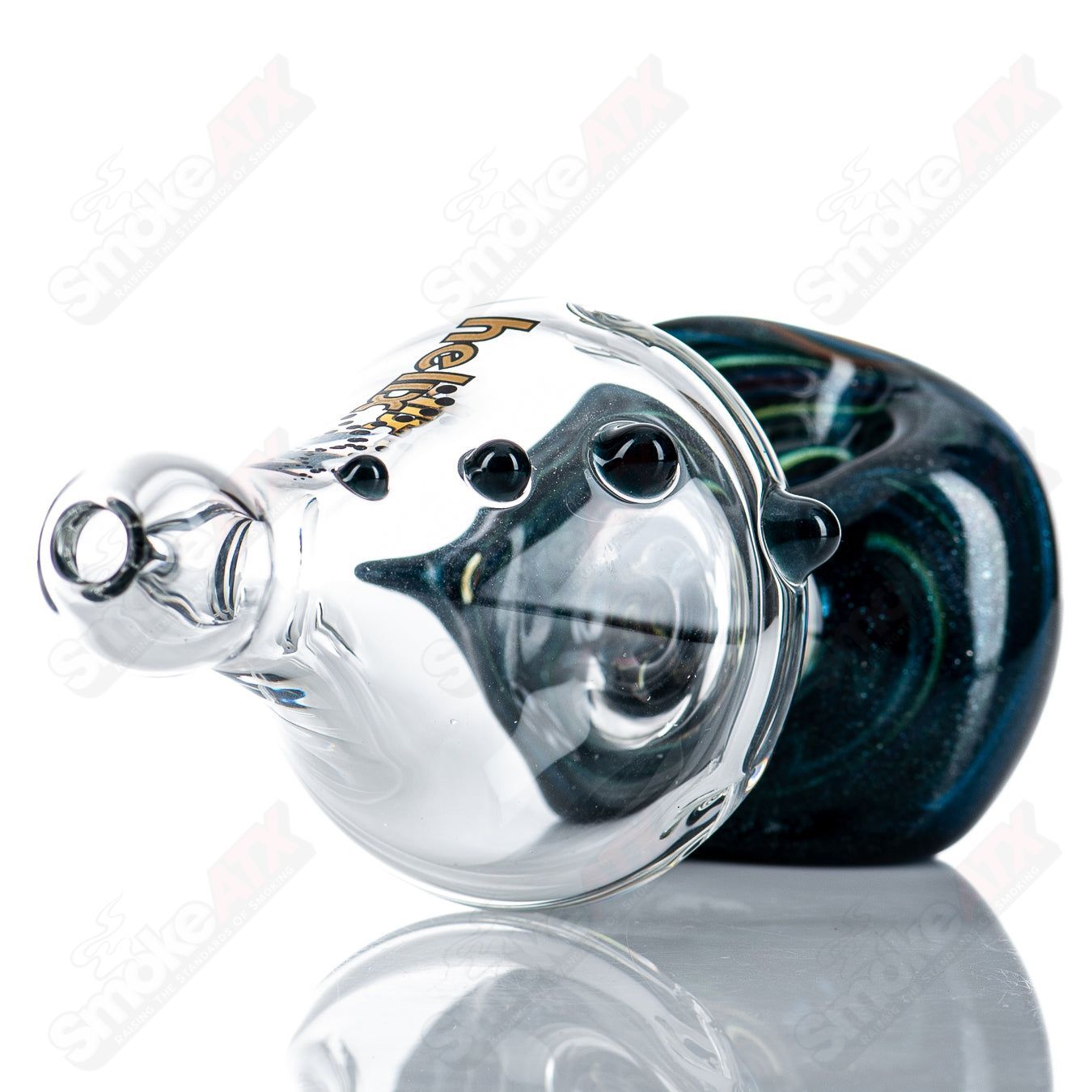 Colorful glass Helix pipe with encalmo design by BoxFan, medium size, crafted by Smoke ATX, featuring vibrant multi-color accents.