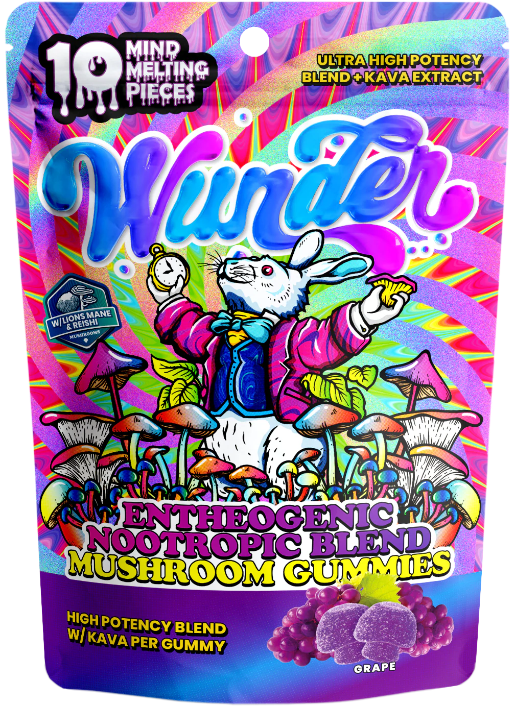 Assorted Wunder Grape Entheogenic Mushroom and Kava Gummies, 10-piece nootropic blend in colorful edible form.