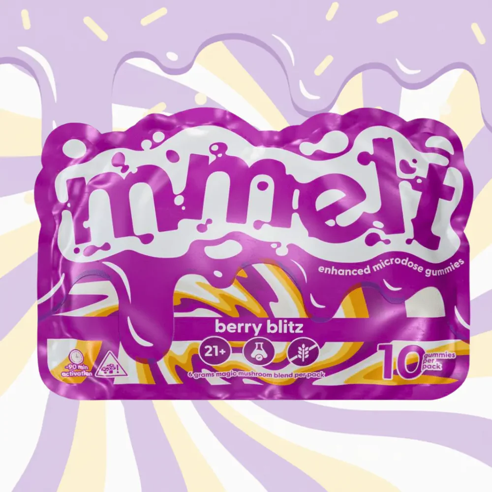 10-pack Berry Blitz Mushroom Gummies by MMelt, colorful edible mushrooms in a clear container, natural health supplement.