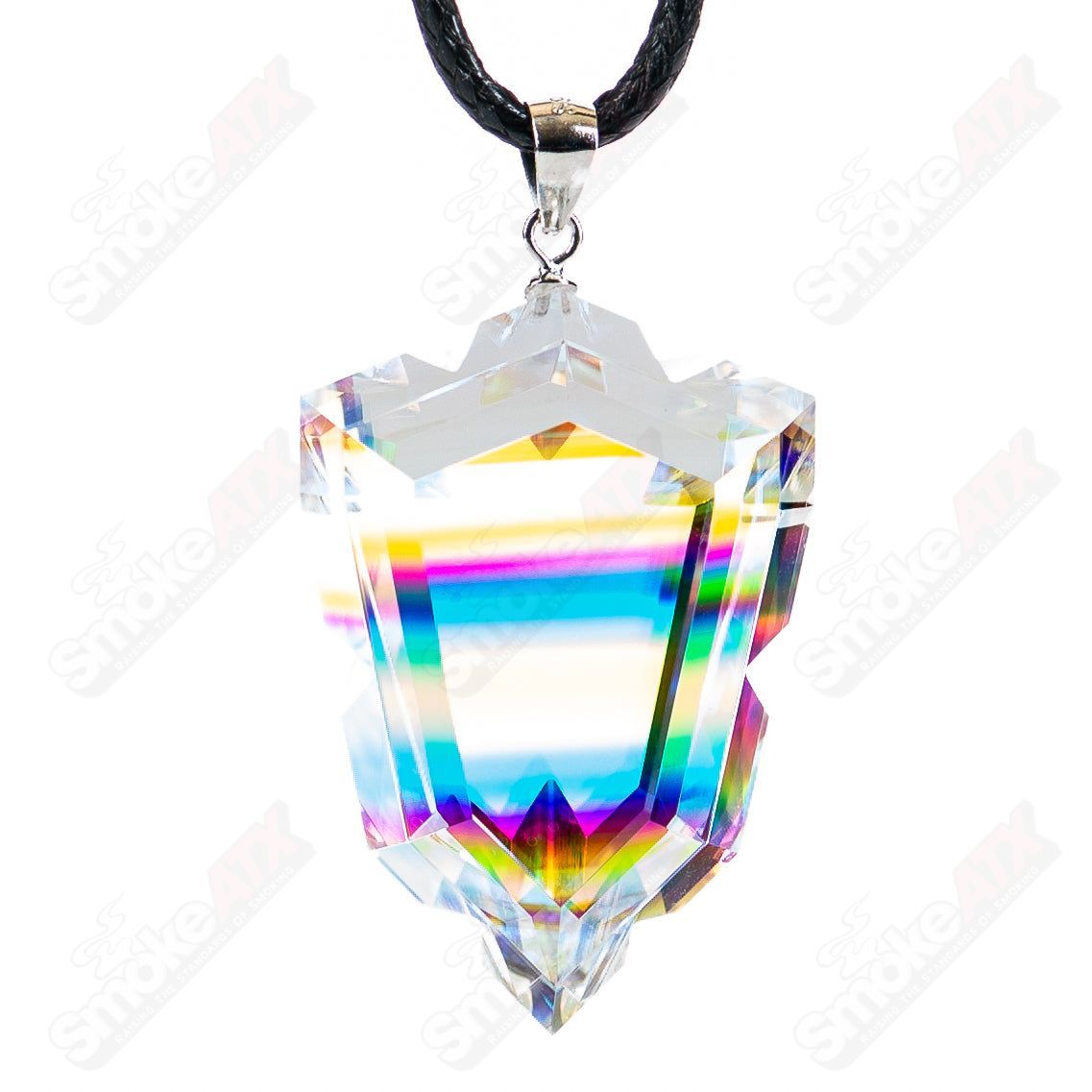 Dichro Arrow Head Faceted Pendant by Fatal Facets, colorful glass head pendant with intricate facets and arrow shape.
