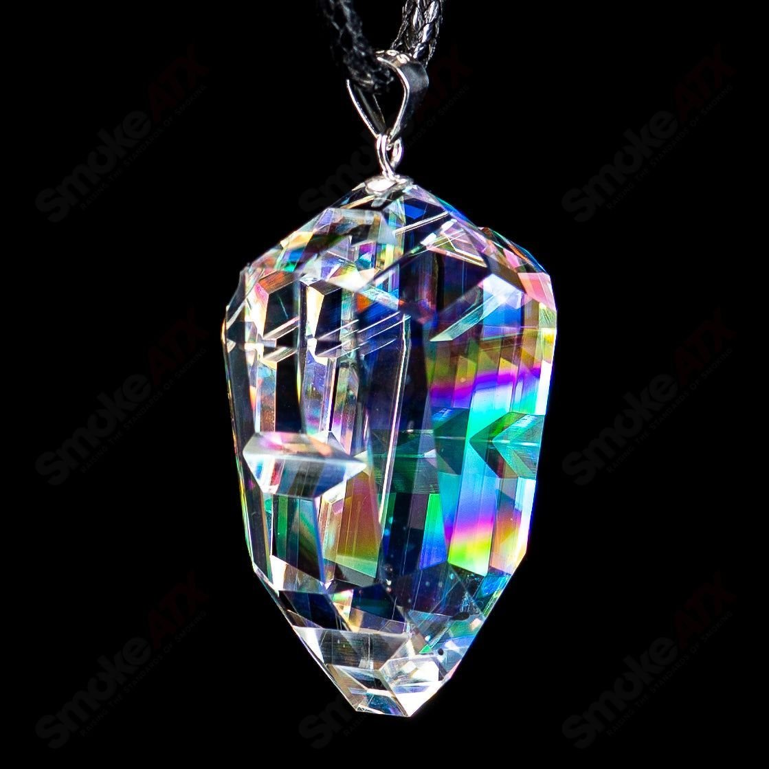 Dichro Arrow Head Faceted Pendant by Fatal Facets, colorful glass head pendant with intricate faceted details for jewelry crafting