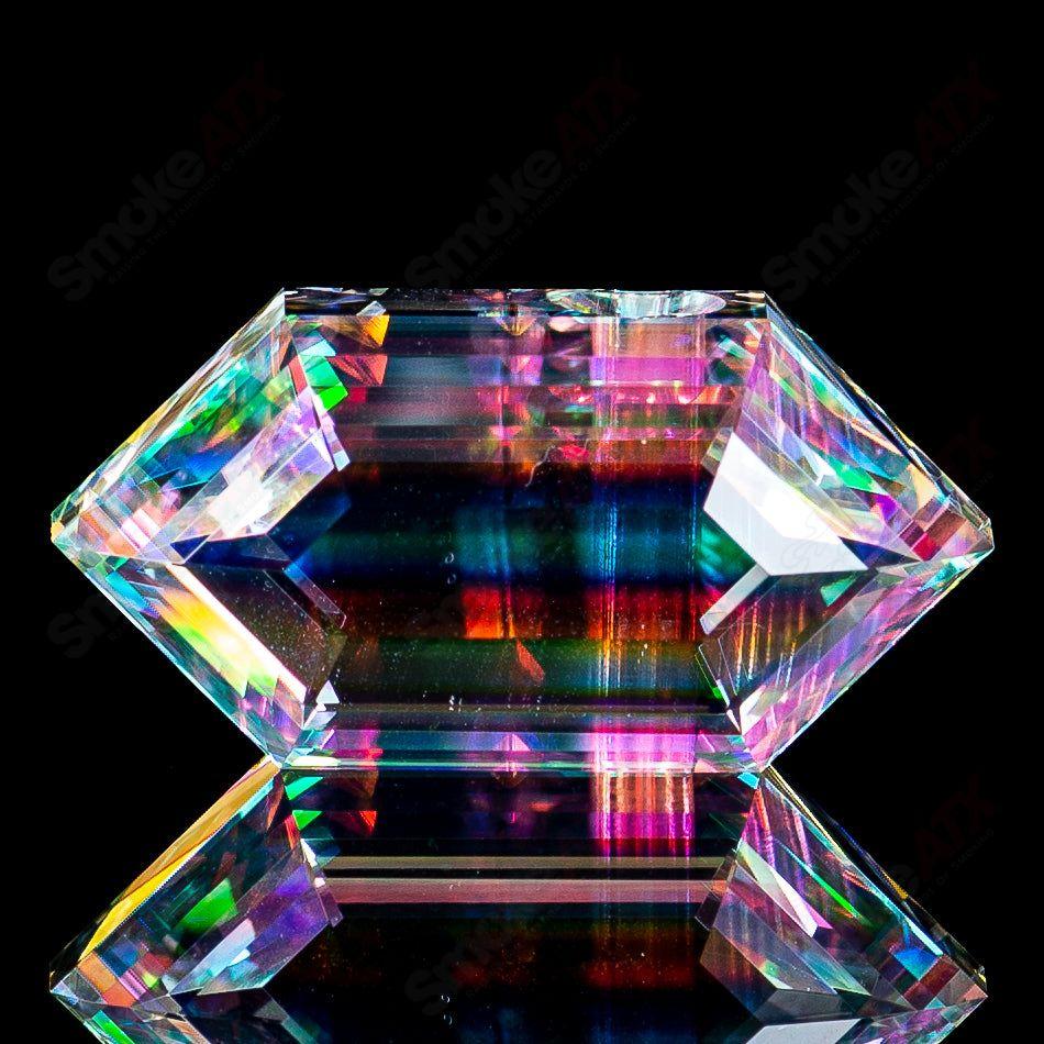 Dichro Diamond Faceted Pendant by Fatal Facets, a vibrant heady glass jewelry piece with shimmering, colorful facets.