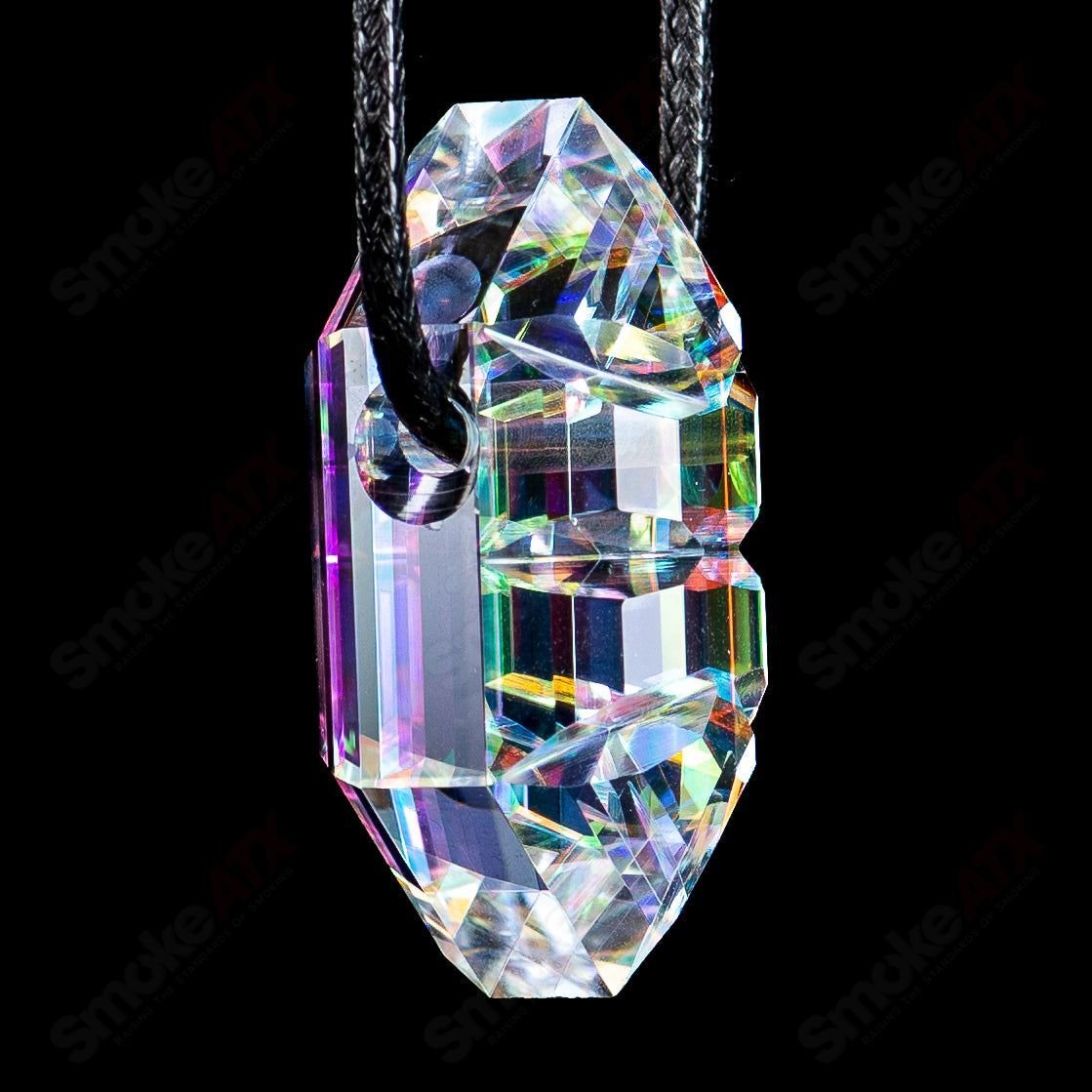 Dichro Diamond Faceted Pendant by Fatal Facets, colorful glass heady pendant with shimmering, faceted surface on a silver chain.